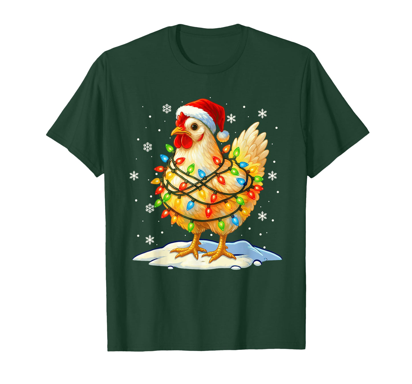 Funny Chicken Santa Hat Christmas Lights Xmas Pajamas Family T-Shirt