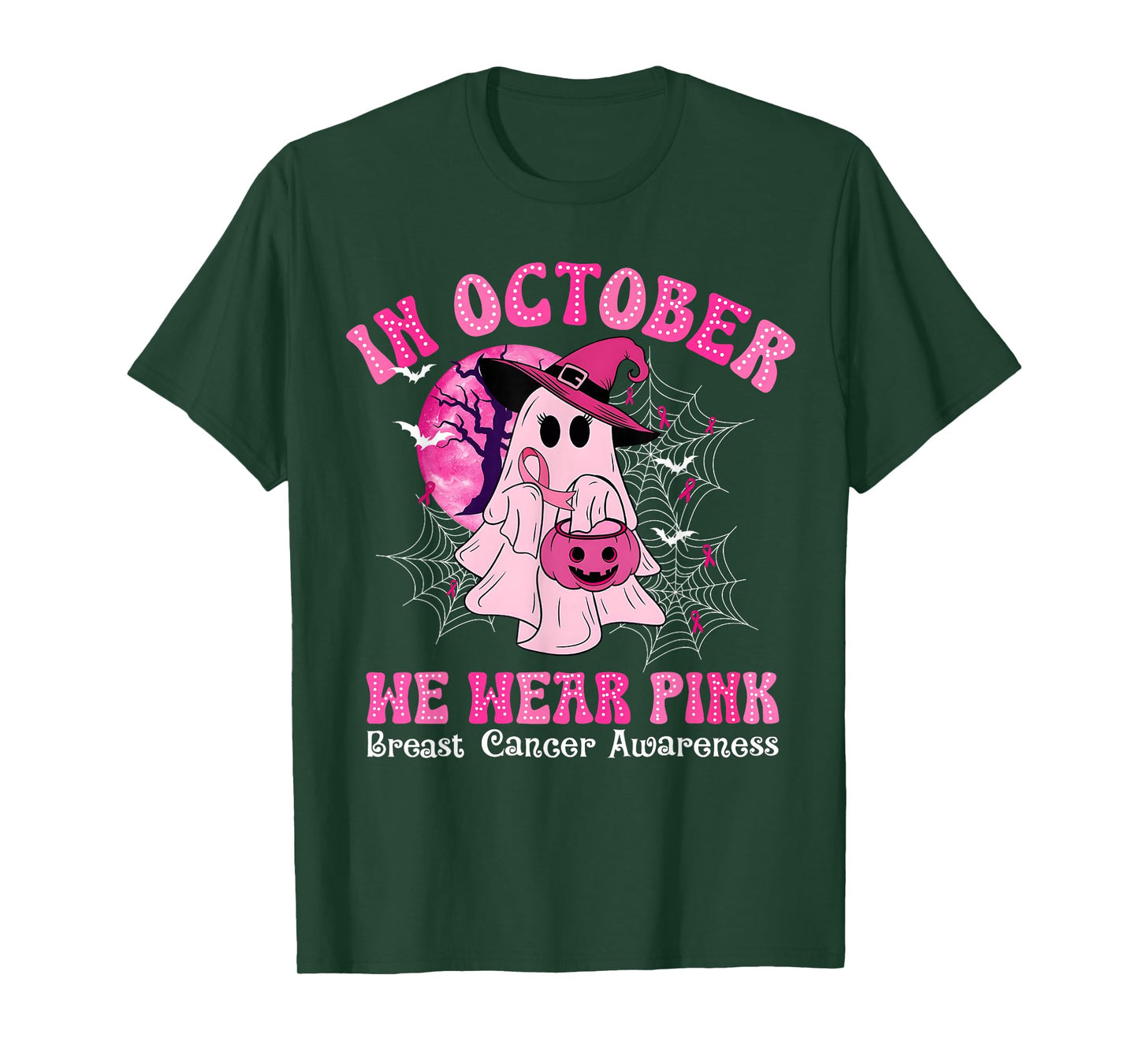 in October We Wear Pink Ghost Witch Breast Cancer Awareness T-Shirt