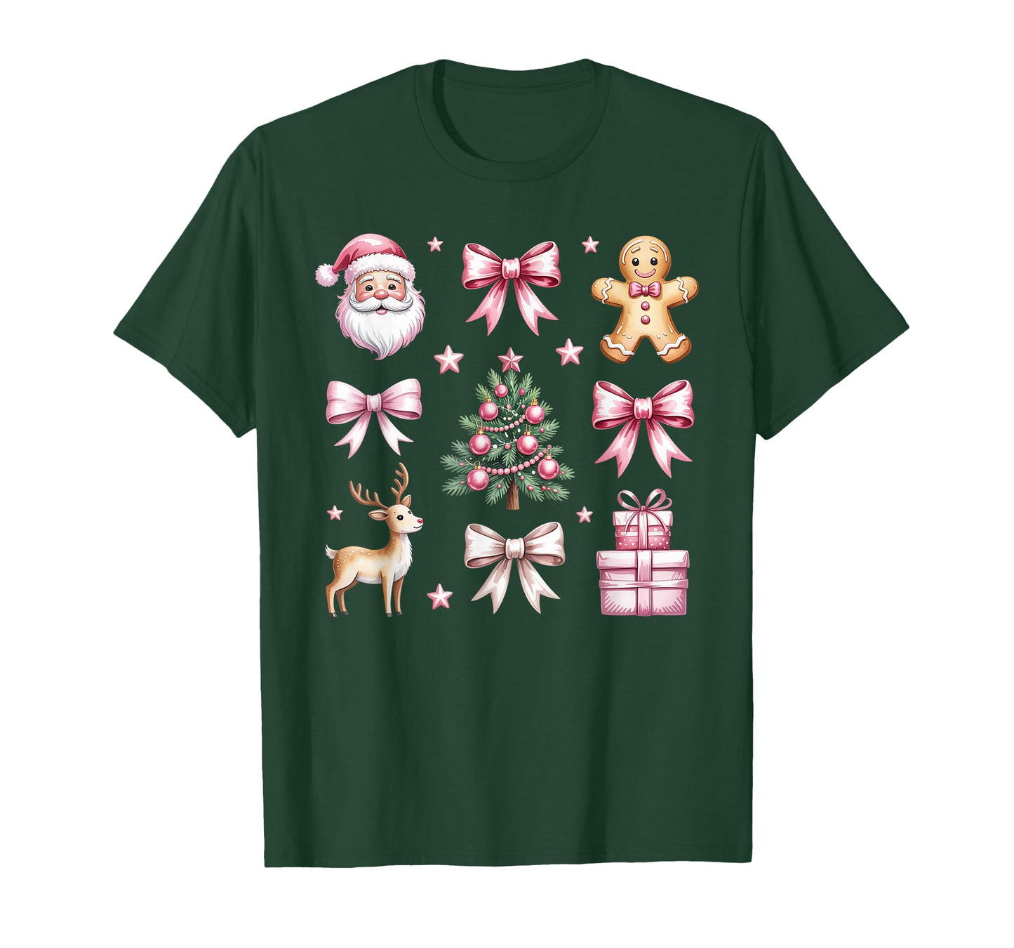 Cute Coquette Bow Pink Christmas Tree Santa Gingerbread Xmas T-Shirt
