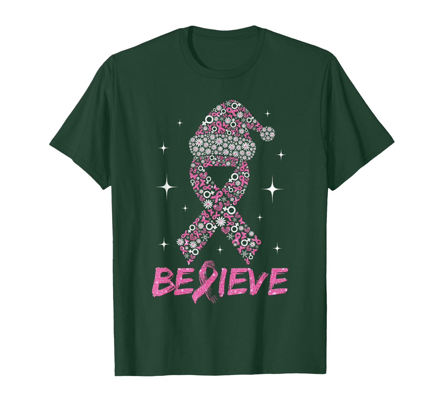 Believe Pink Ribbon with Santa Hat Christmas Breast Cancer T-Shirt