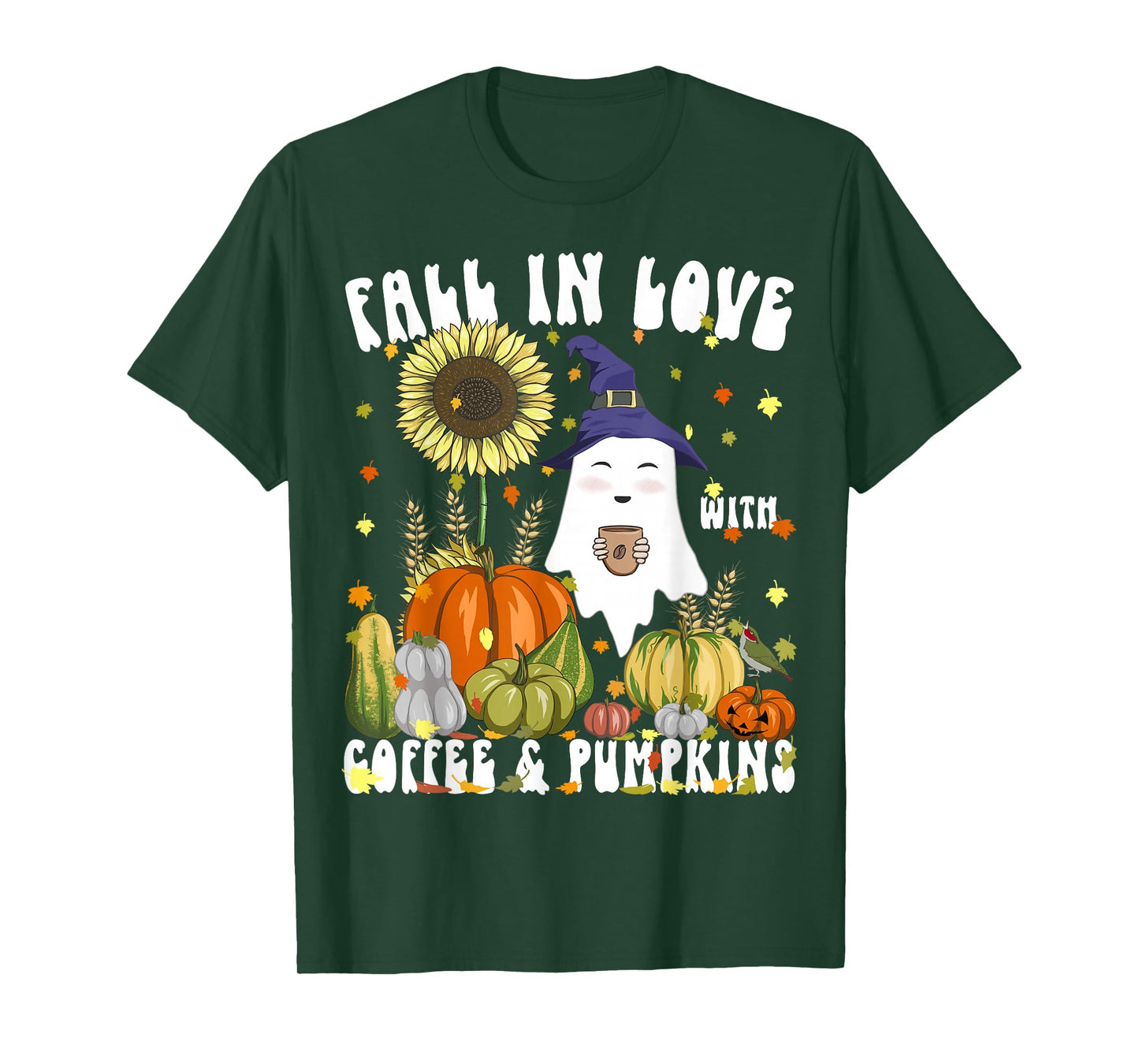 Fall in Love with Coffee & Pumpkins Witch Ghost Halloween T-Shirt