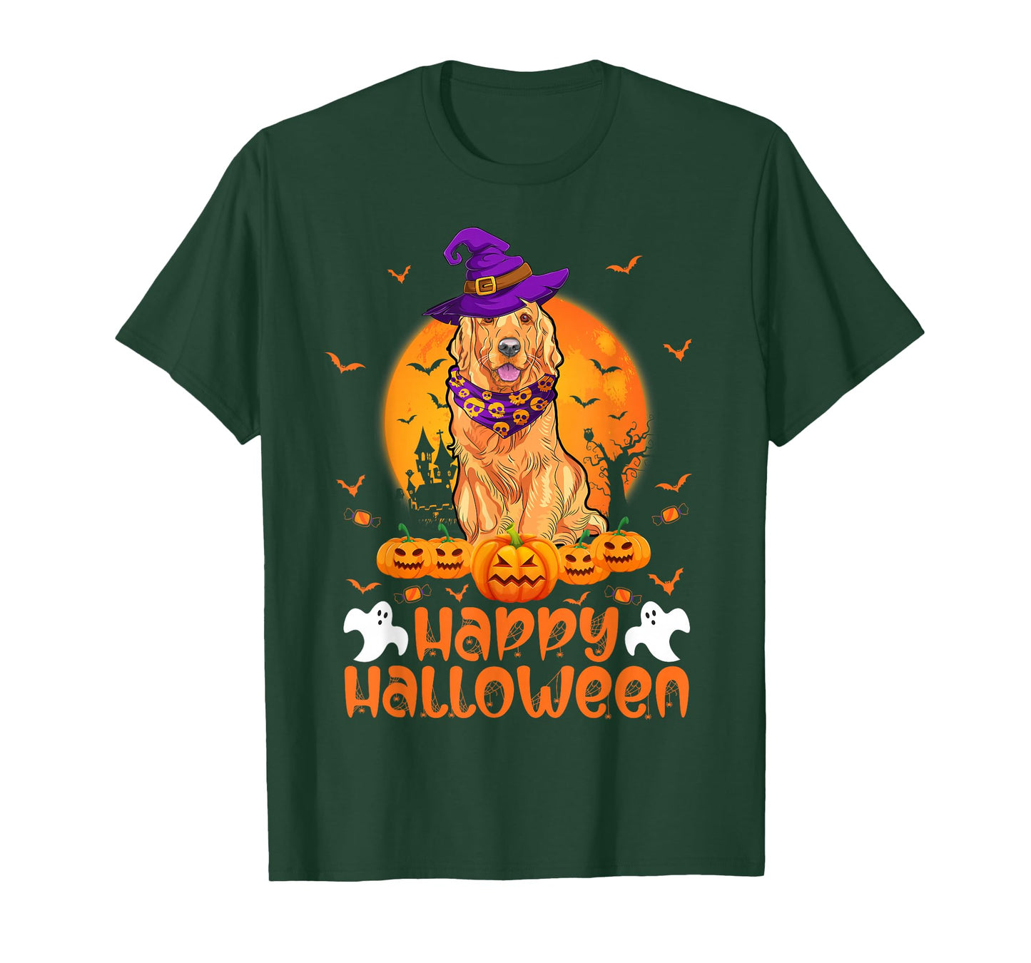 Vintage Pumpkin Golden Retriever Witch Lucy Dog Halloween T-Shirt