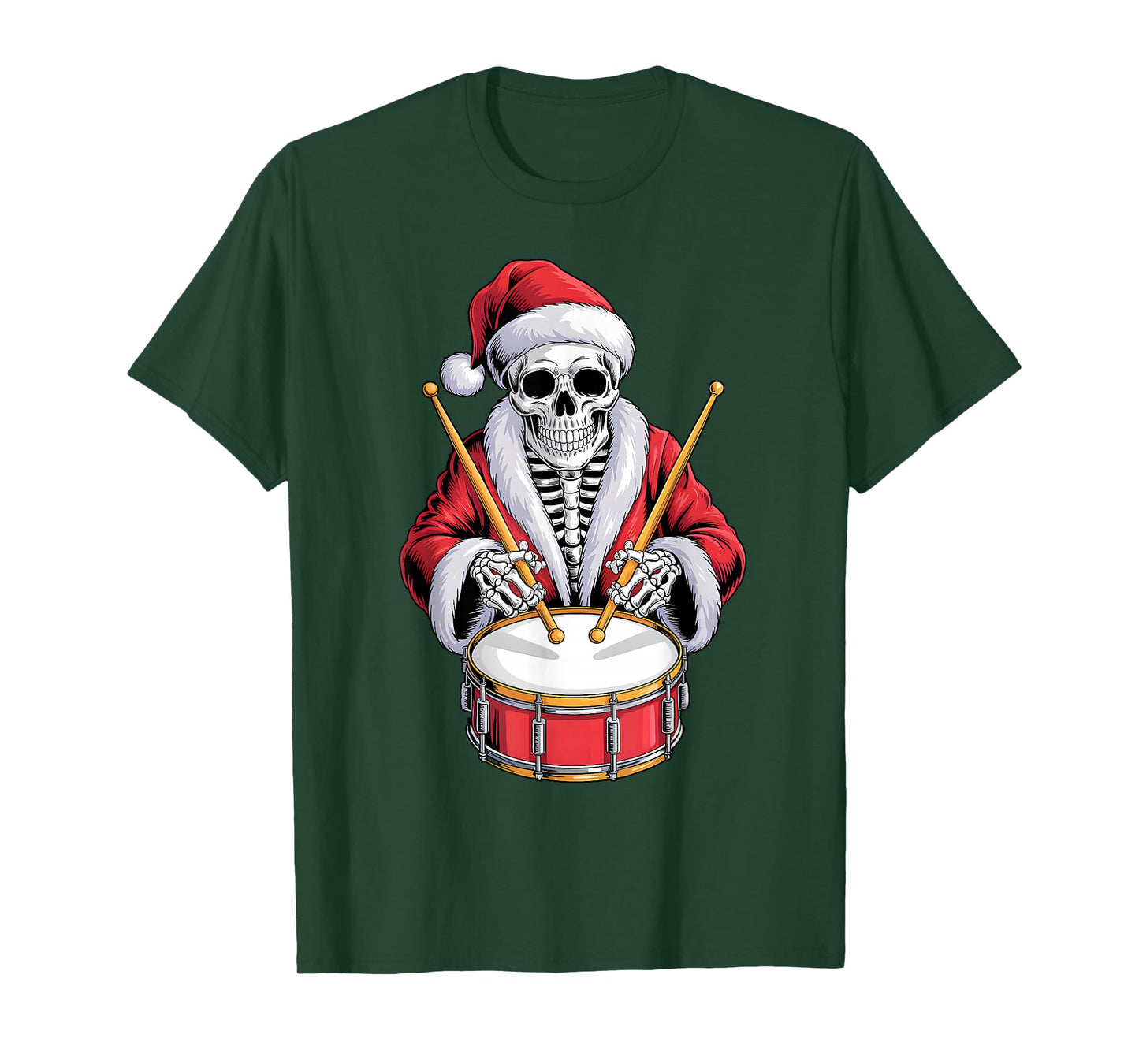 Santa Skeleton Playing Drum Percussionist Drummer Christmas T-Shirt