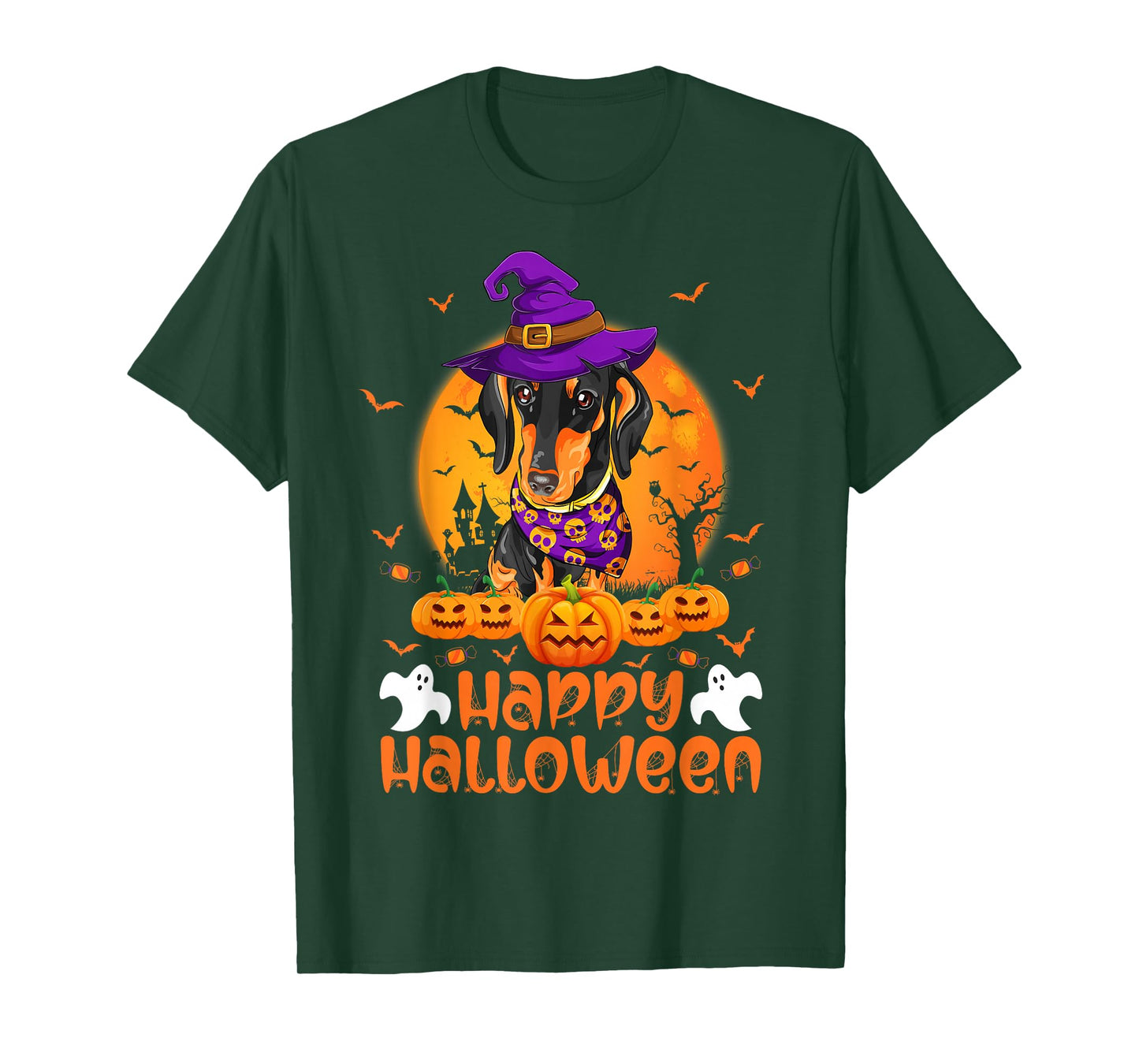 Vintage Pumpkin Dachshund Dog Witch Funny Halloween Costume T-Shirt