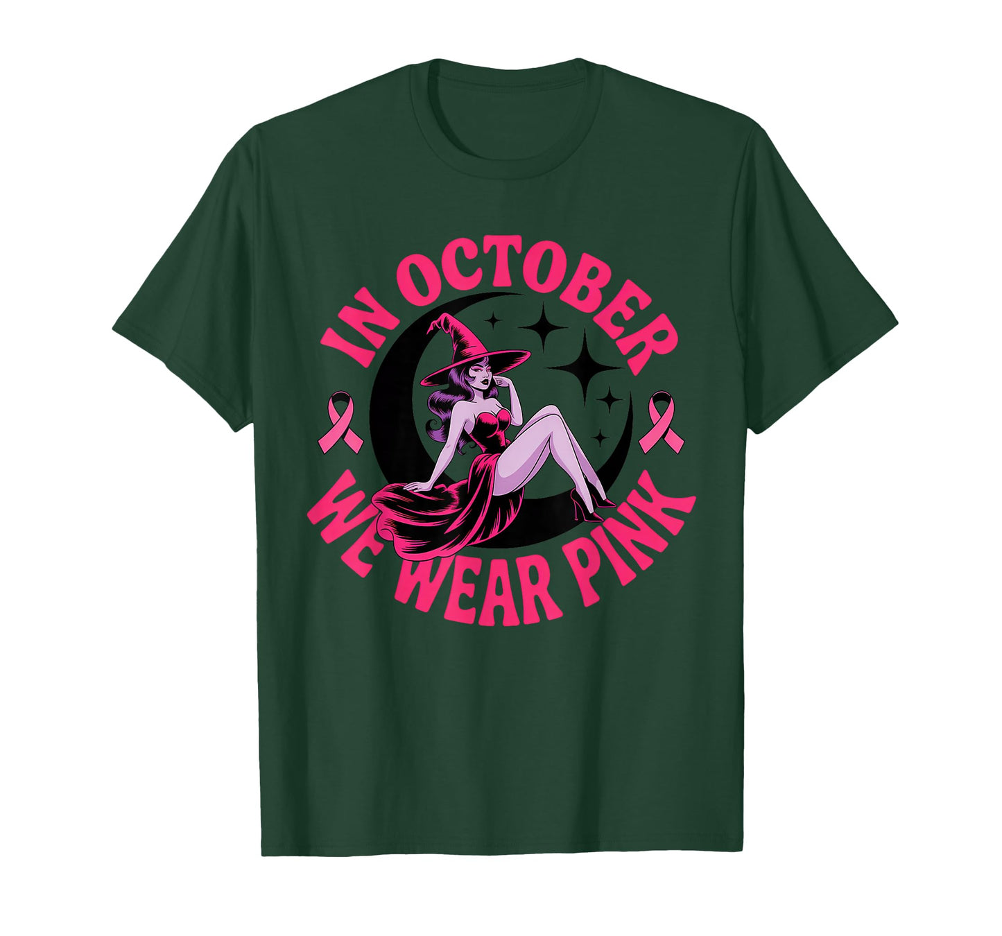 in October We Wear Pink Witch Breast Cancer Awareness Women T-Shirt