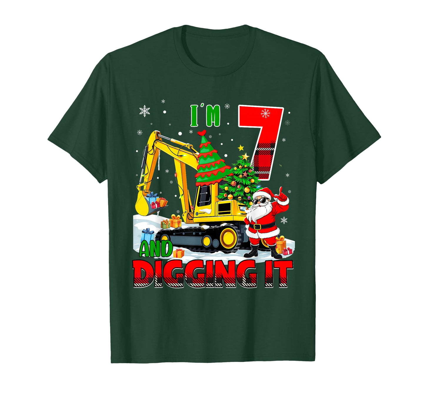 I'm 7 Construction 7th Birthday Kid Boy Xmas Excavator Santa T-Shirt