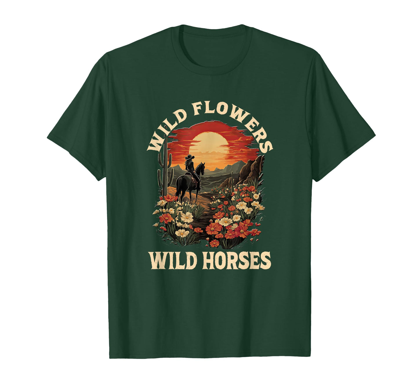 western sunset cowgirl riding horse wild flowers wild horses T-Shirt
