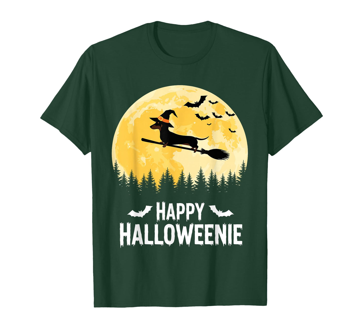 Happy Halloweenie Funny Halloween Dachshund Flying Witch T-Shirt