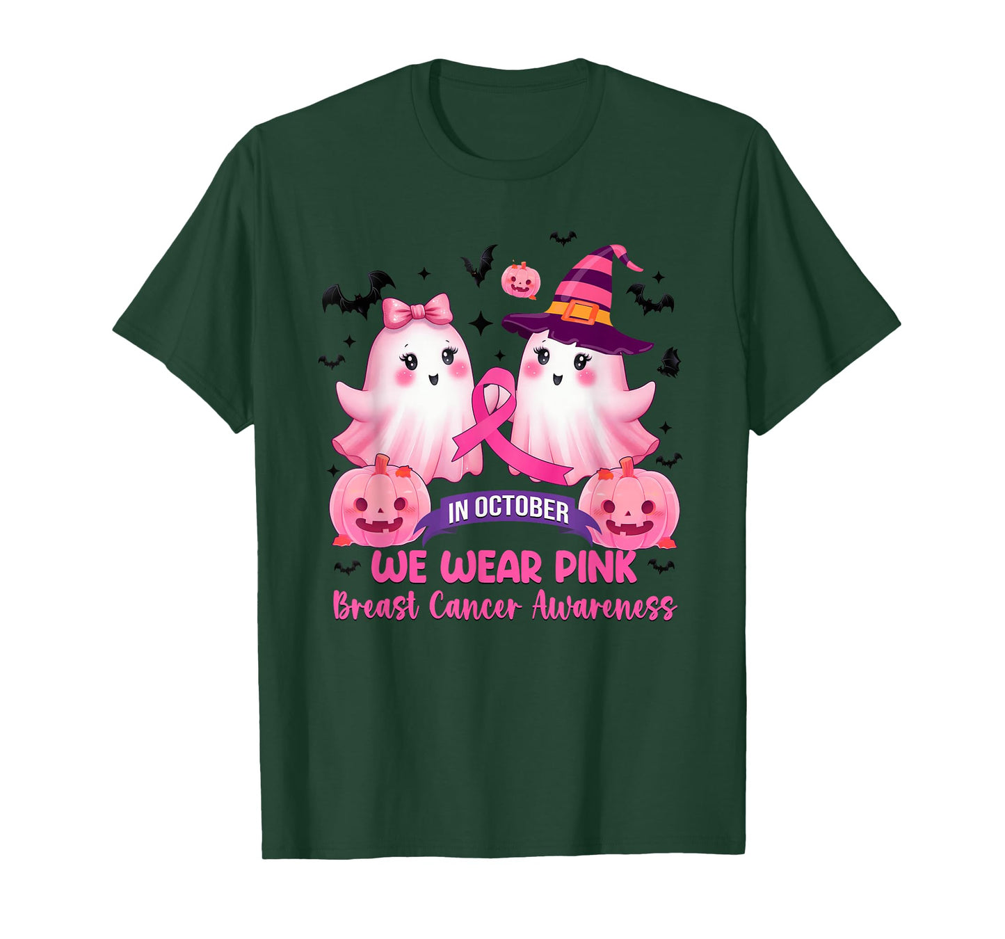 in October We Wear Pink Ghost Witch Breast Cancer Awareness T-Shirt