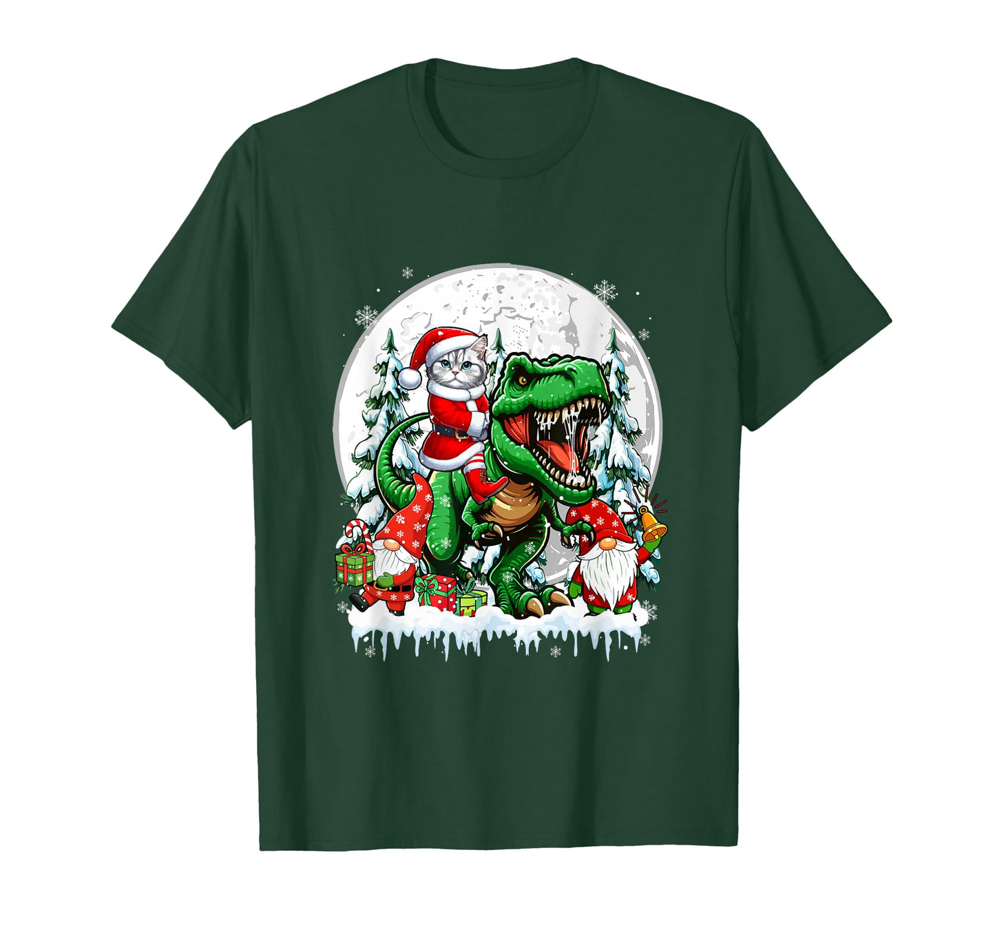 Santa Cat Riding T-Rex Gnomes Christmas Trees Family Kids T-Shirt