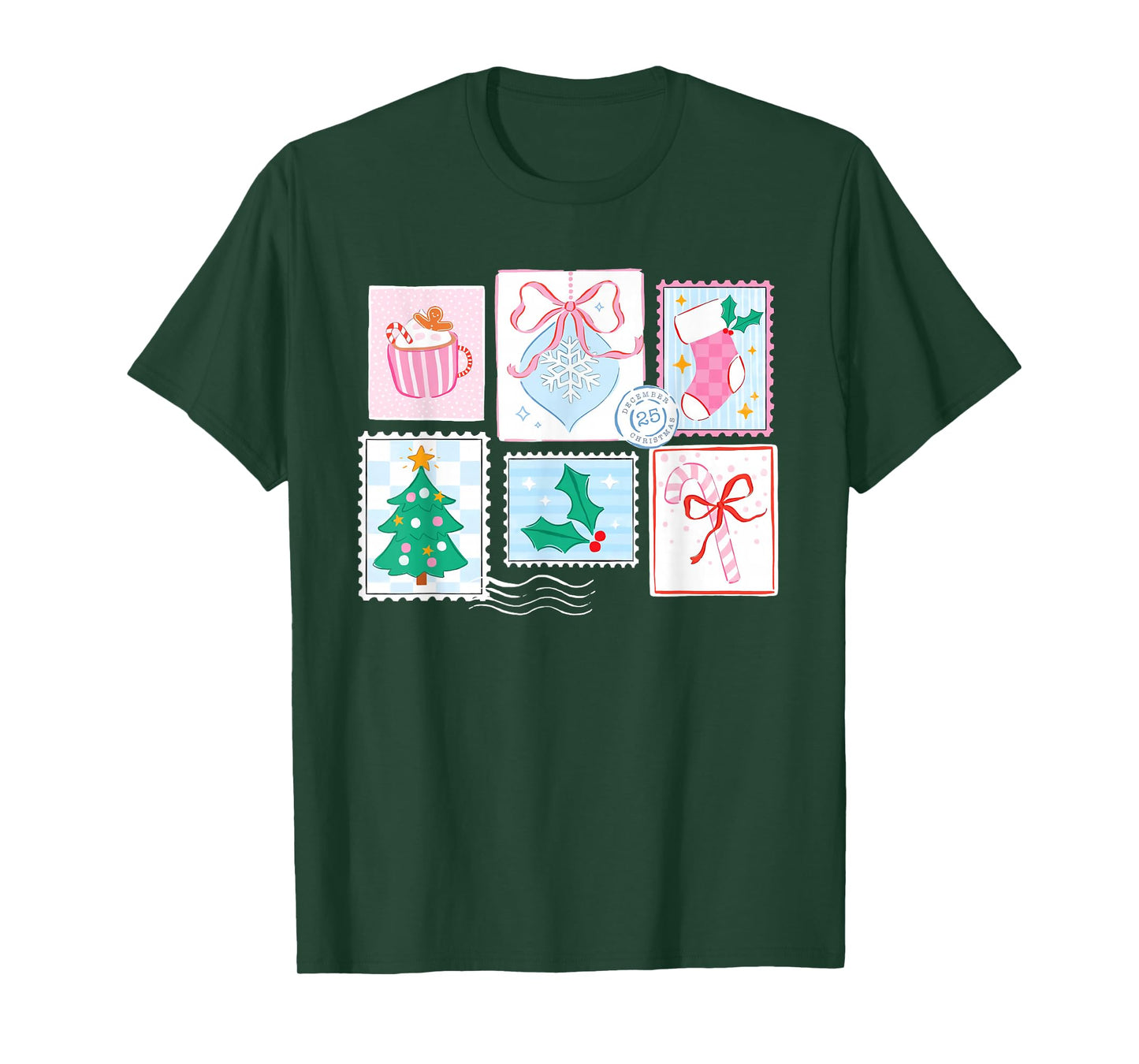 Preppy Pink Coquette Girly Vintage Christmas Stamp Santa T-Shirt