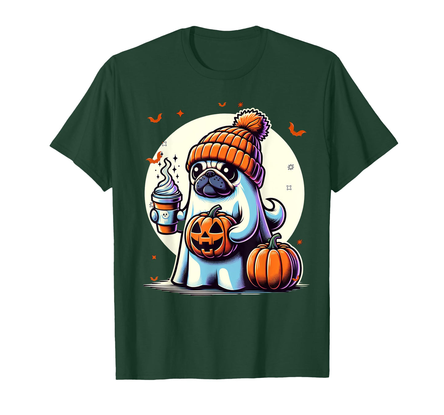 Ghost Pug Pumpkin Drinks Beanie Fall Halloween T-Shirt