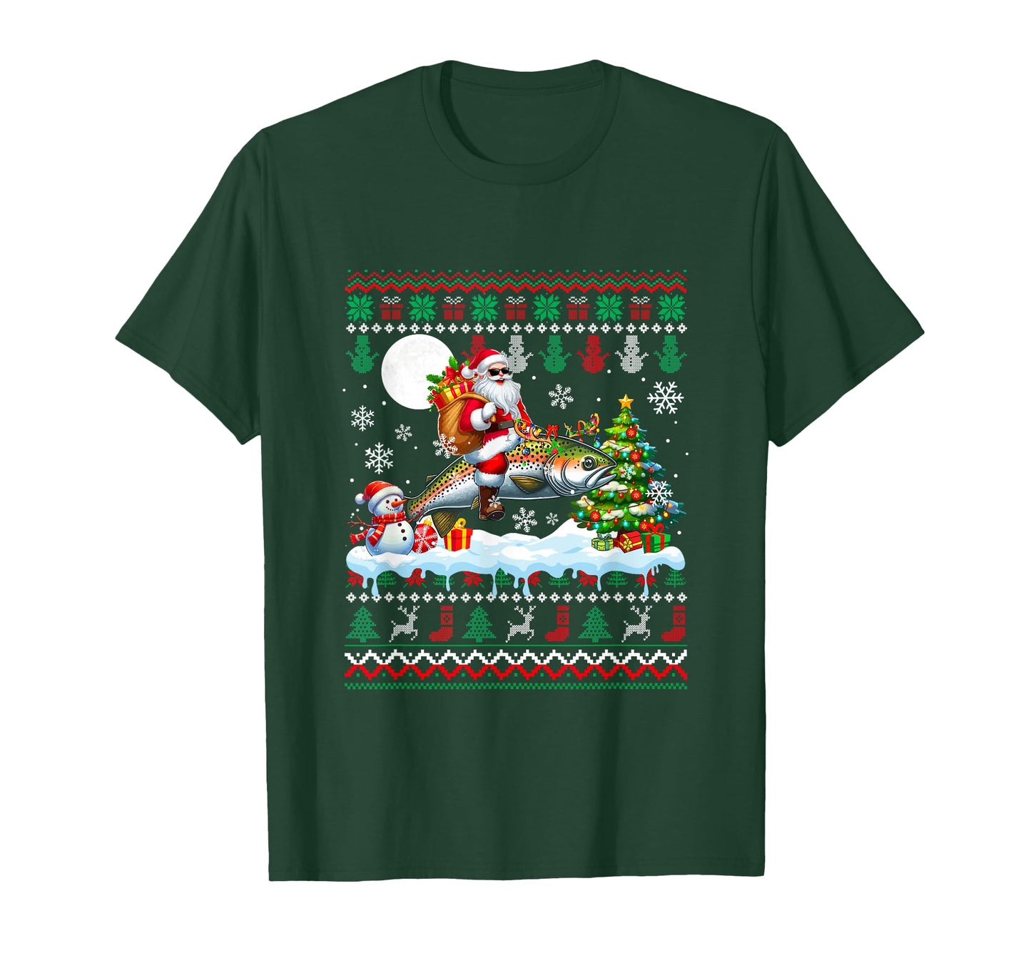 Santa Riding Reindeer Trout Fish Sweater Xmas Tree Snowman T-Shirt