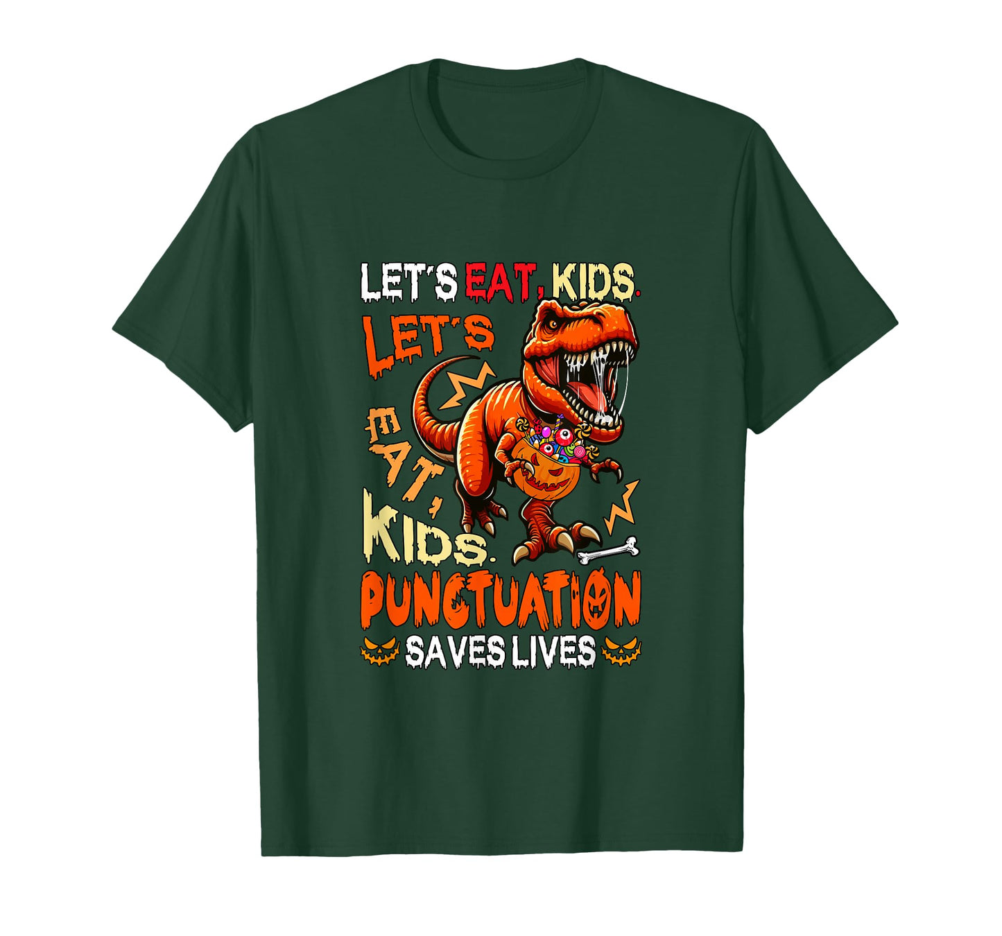 Funny Joke Eat Kids Punctuation Saves Lives Halloween T-rex T-Shirt