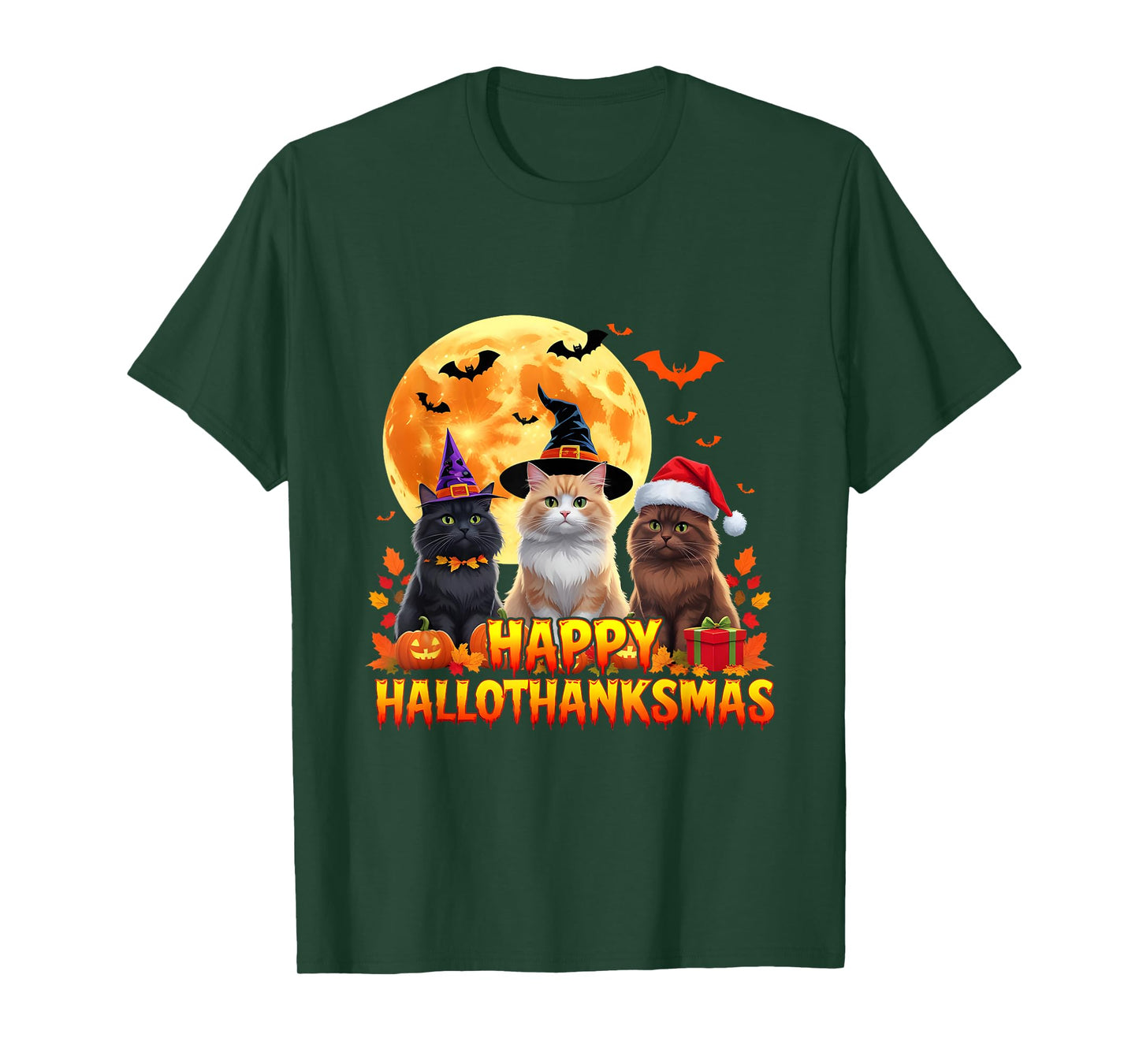 Cats Halloween Thanksgiving Christmas Happy Hallothanksmas T-Shirt