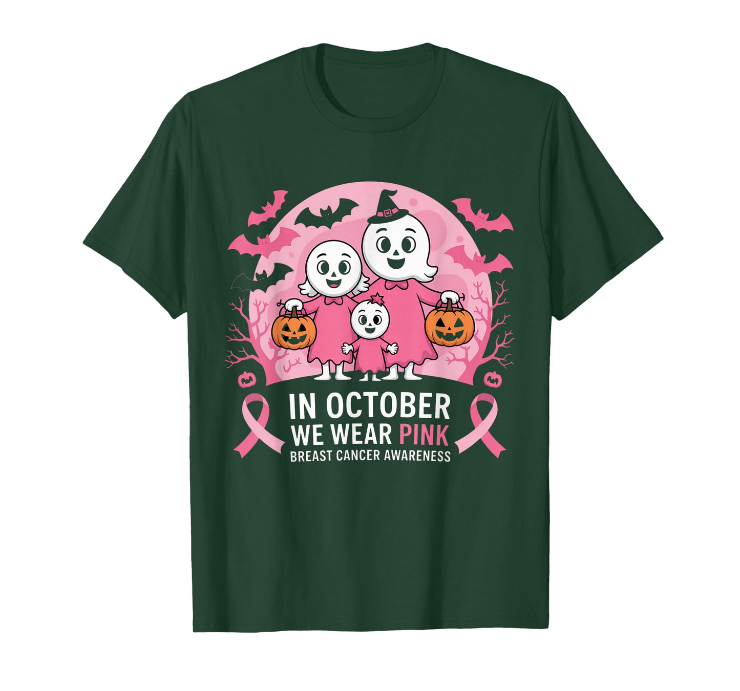 in October We Wear Pink Ghost Witch Breast Cancer Awareness T-Shirt
