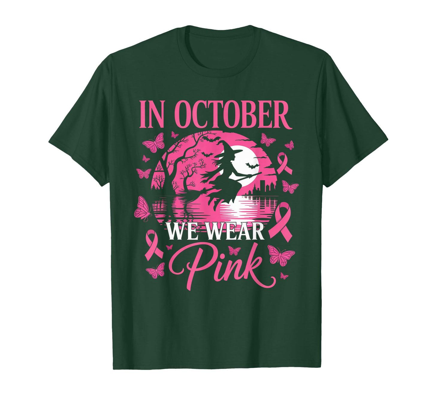 in October We Wear Pink Ribbon Halloween Witch Breast Cancer T-Shirt