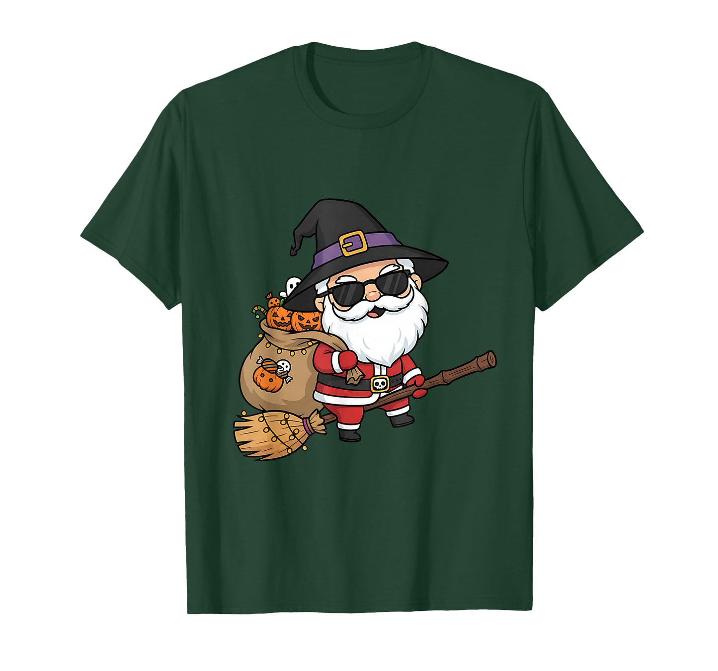 Halloween Santa Flying on Broom Funny Costume Art T-Shirt