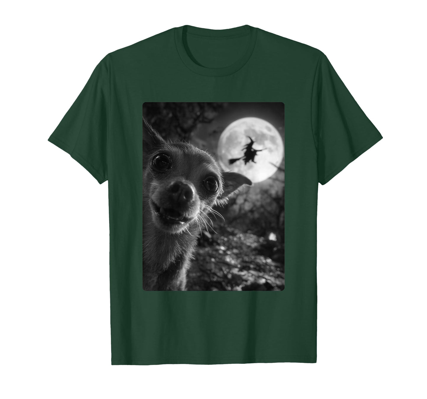 Funny Chihuahua Selfie Full Moon Flying Witch Halloween Dog T-Shirt
