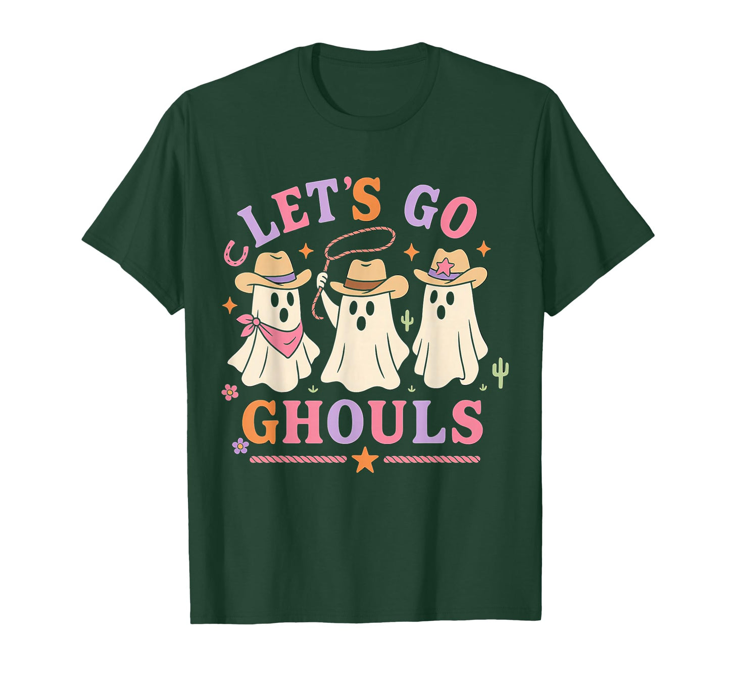 Let's Go Ghouls Halloween Ghost Costume Retro Groovy Cowgirl T-Shirt