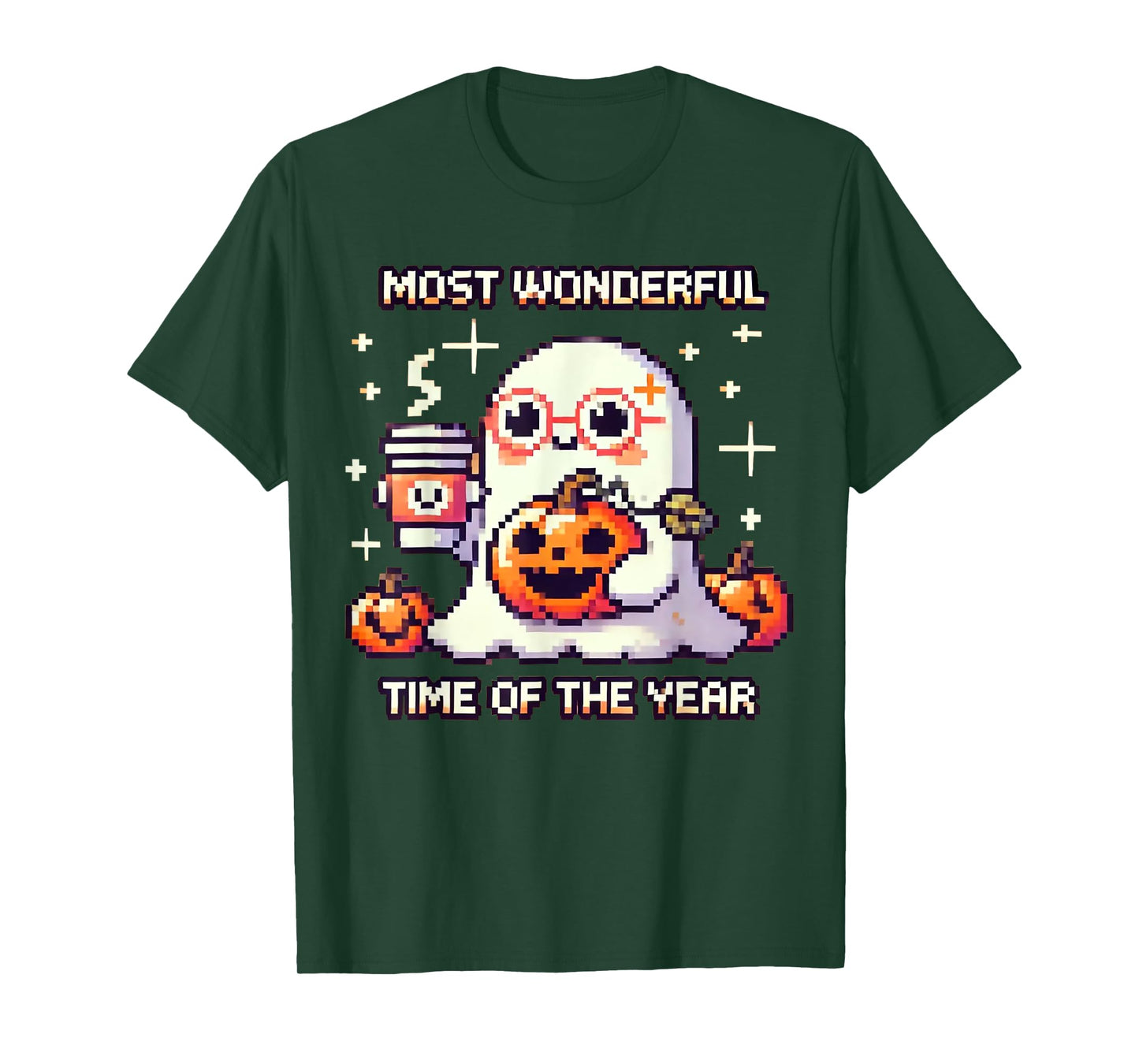 Halloween Pixel Ghost Drinking Coffee Lover Cute Ghost Gamer T-Shirt