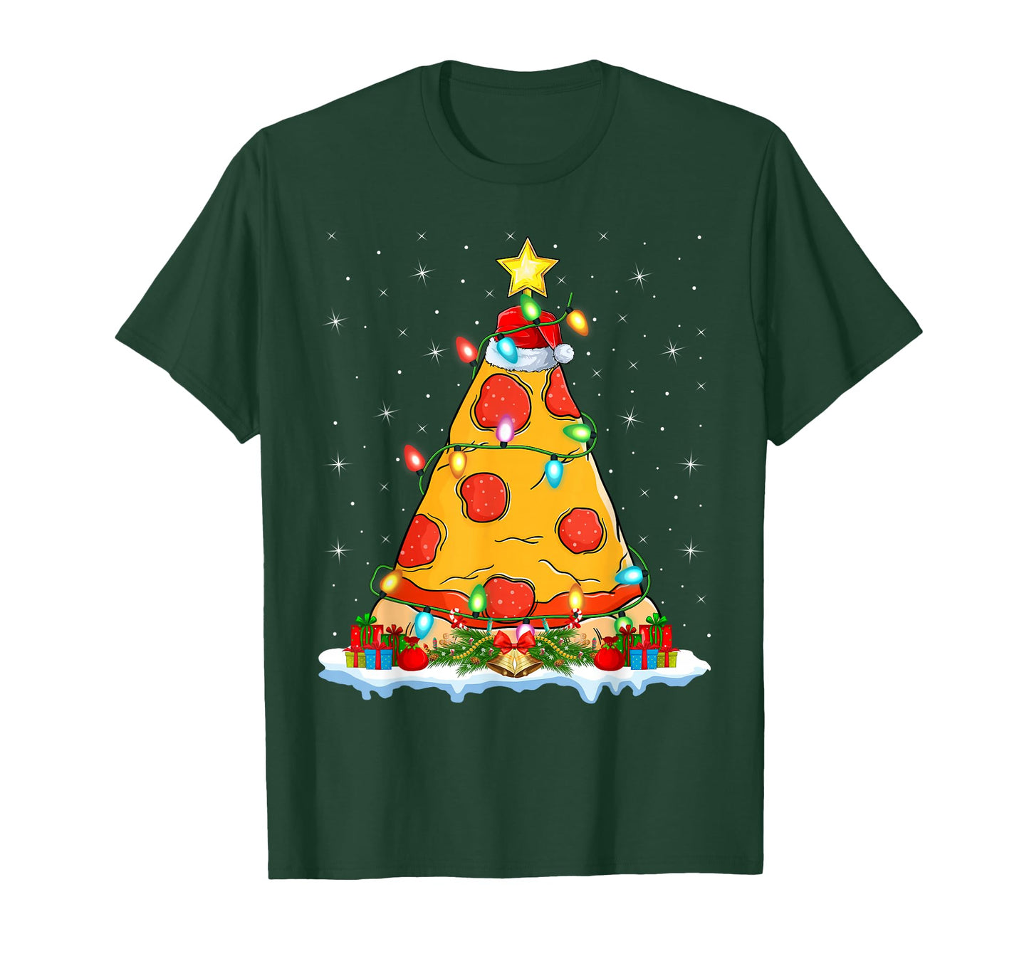 Pizza Christmas Tree Lights Santa Hat Fast Food Pizza Xmas T-Shirt