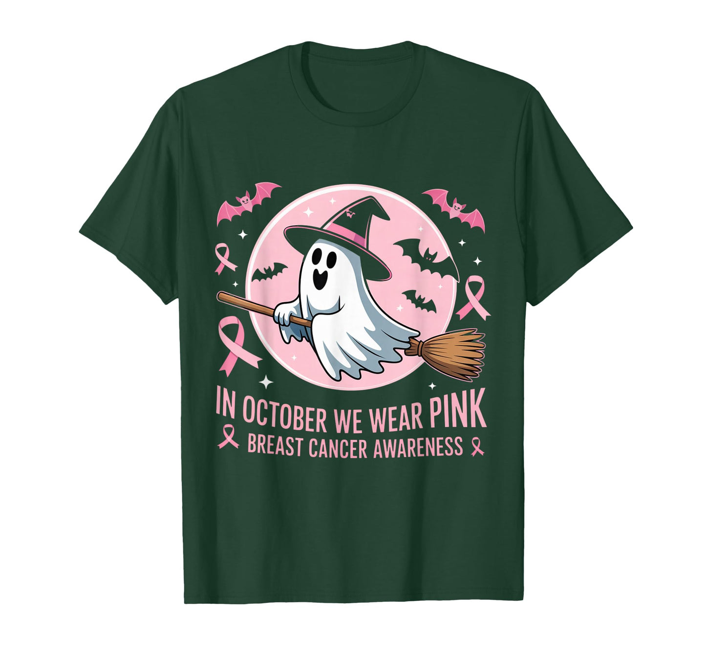 in October We Wear Pink Ghost Witch Breast Cancer Awareness T-Shirt