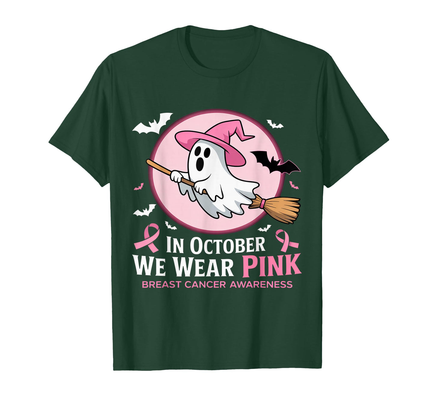 in October We Wear Pink Ghost Witch Breast Cancer Awareness T-Shirt