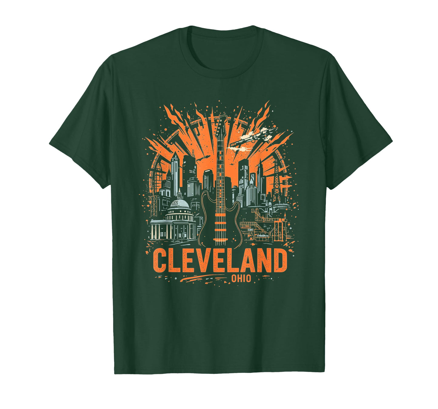 Vintage Cleveland Ohio Guitar Skyline Cityscape T-Shirt