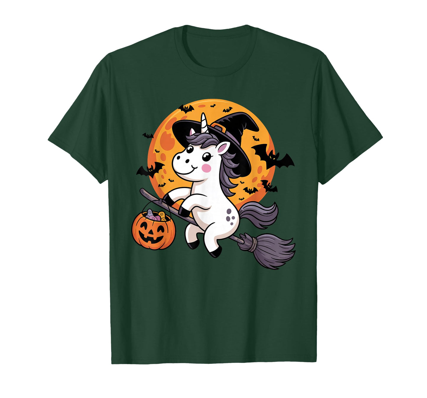 Halloween Unicorn Witch Hat and Broom Pumpkin Candy Bucket T-Shirt