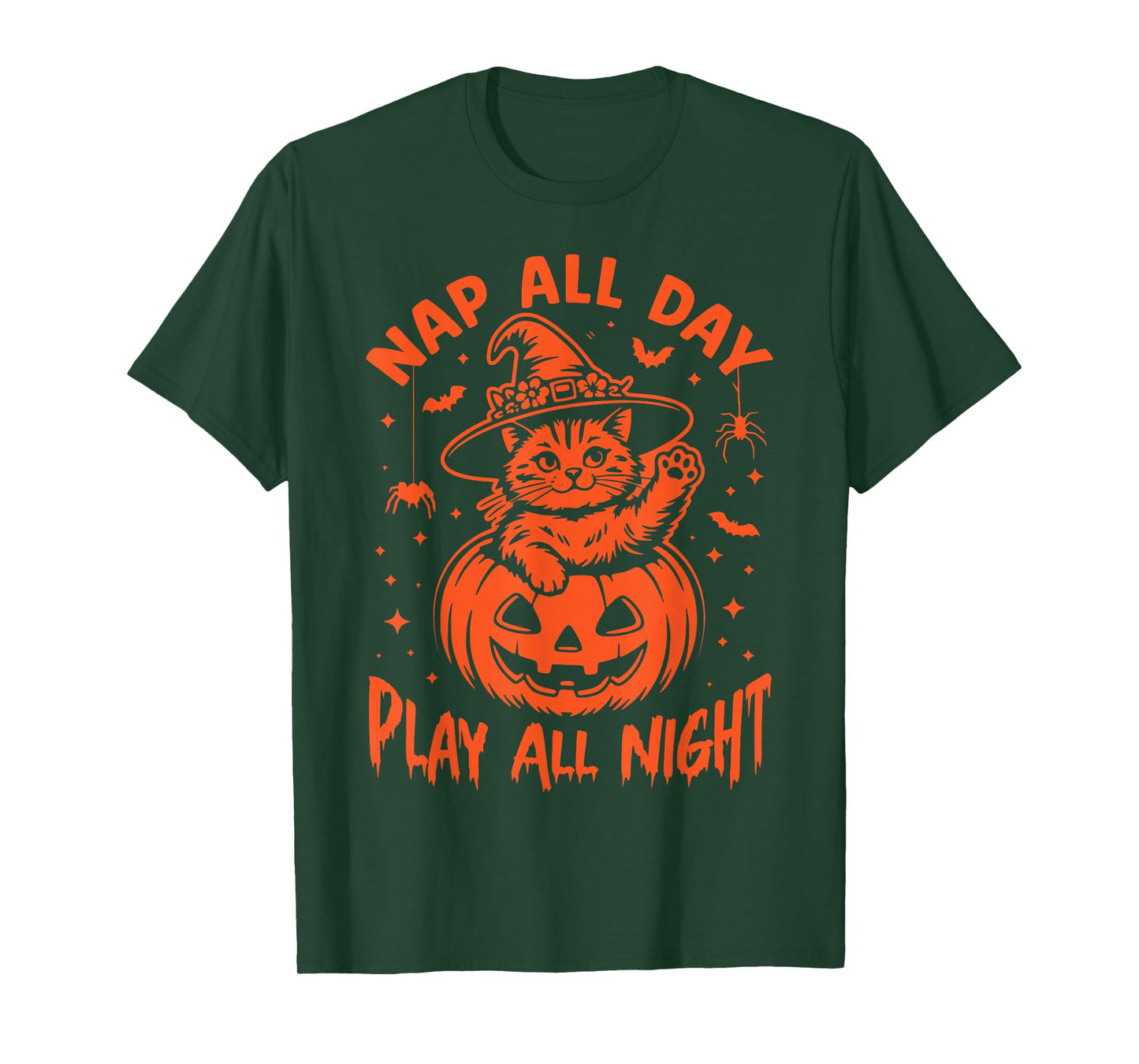 Nap All Day, Play All Night. Fun Cat Witch Halloween Pumpkin T-Shirt