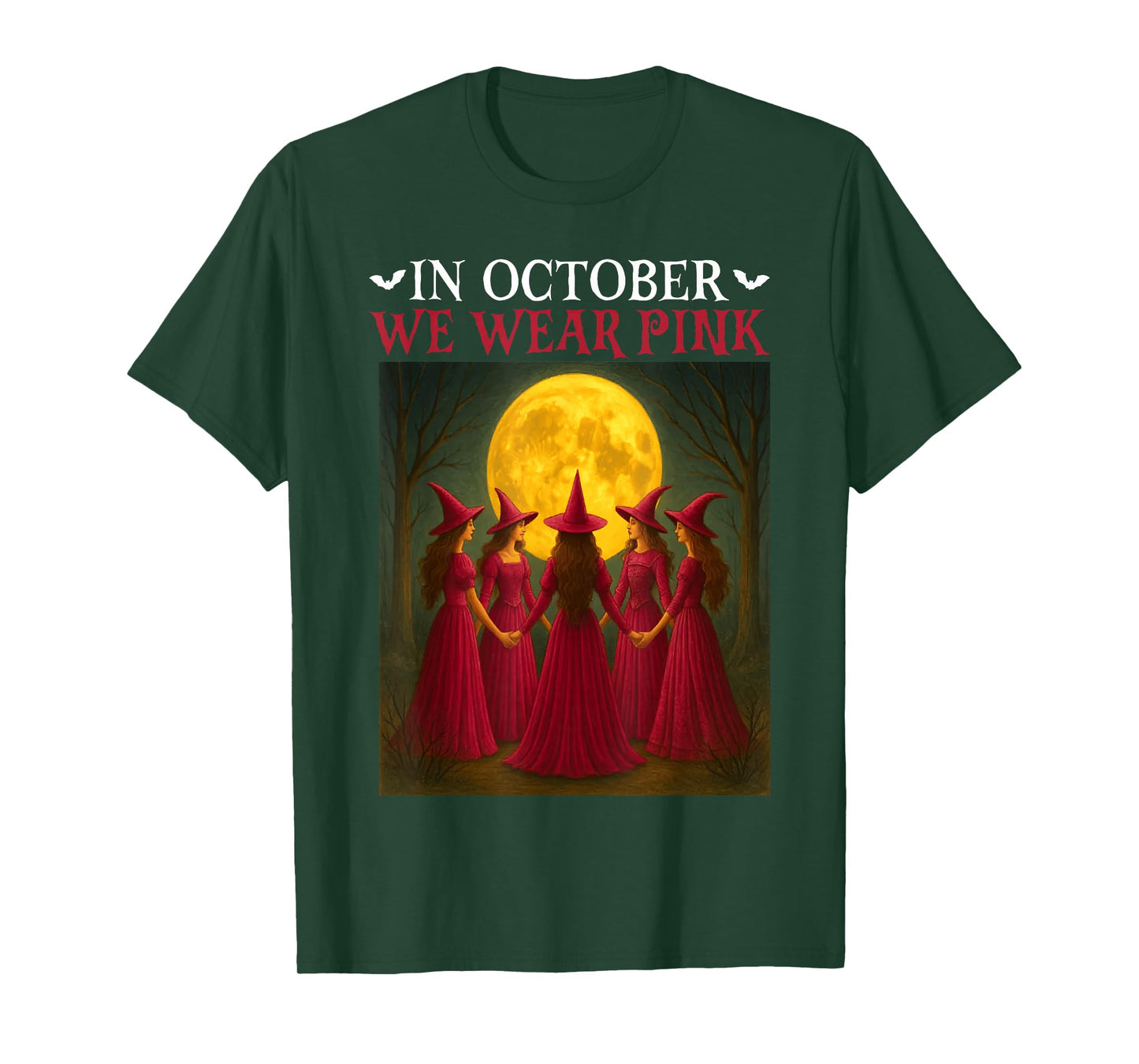 in October We Wear Pink Witch Halloween Breast Cancer Women T-Shirt