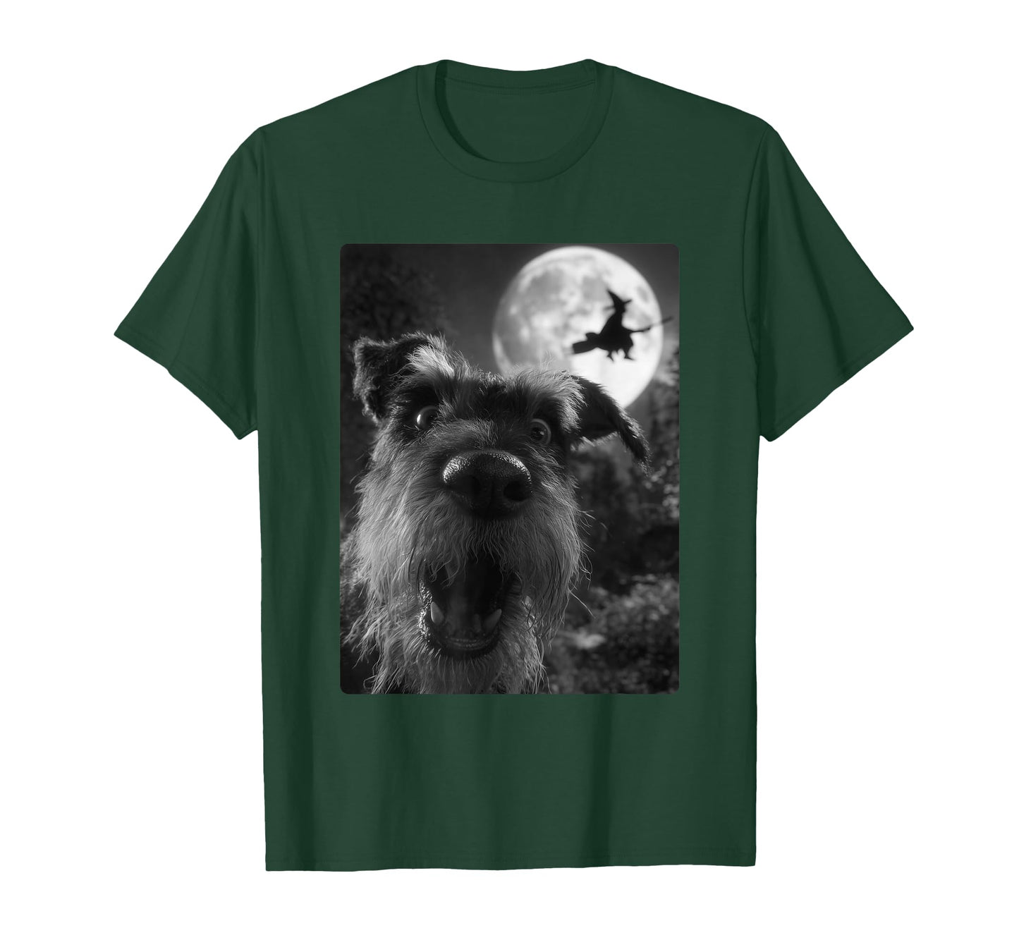Funny Schnauzer Selfie Full Moon Flying Witch Halloween Dog T-Shirt