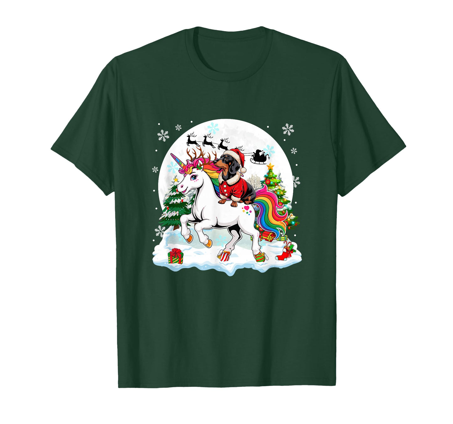 Santa Dachshund Riding Unicorn Reindeer Christmas Owner Kids T-Shirt
