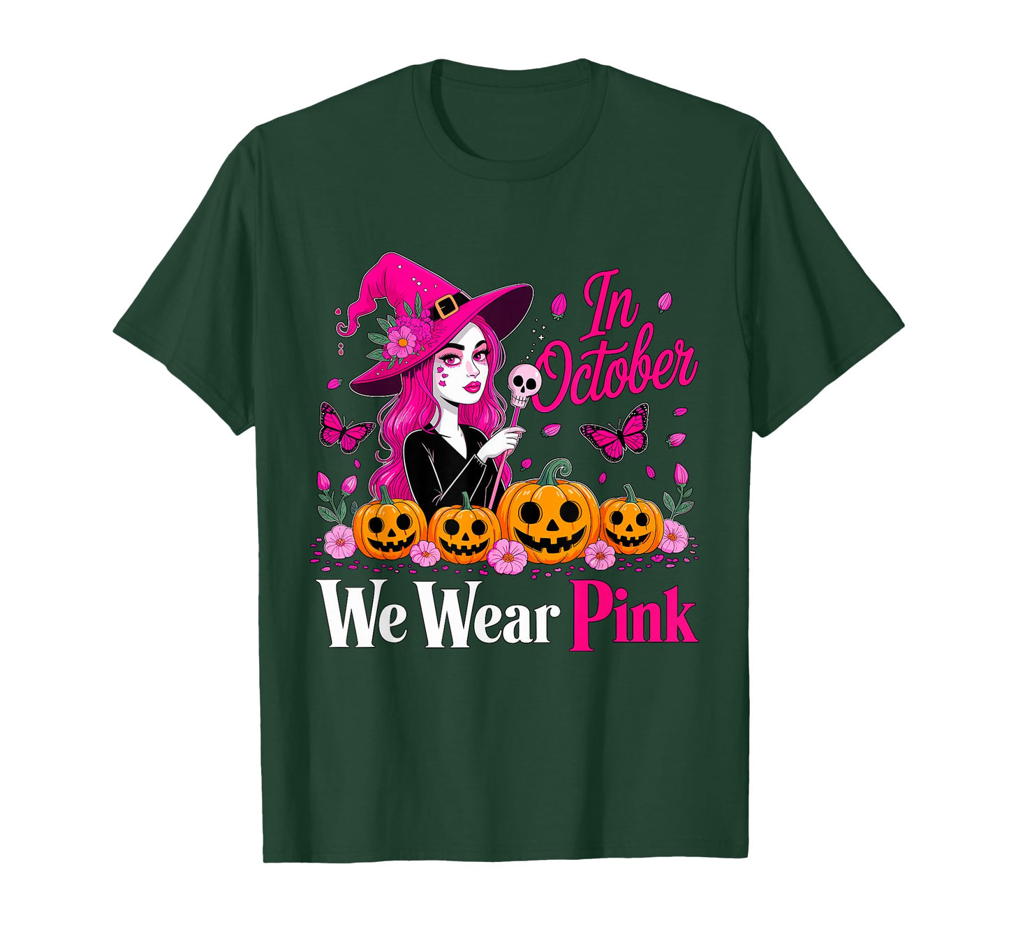in October We Wear Pink Breast Cancer Witch Halloween T-Shirt