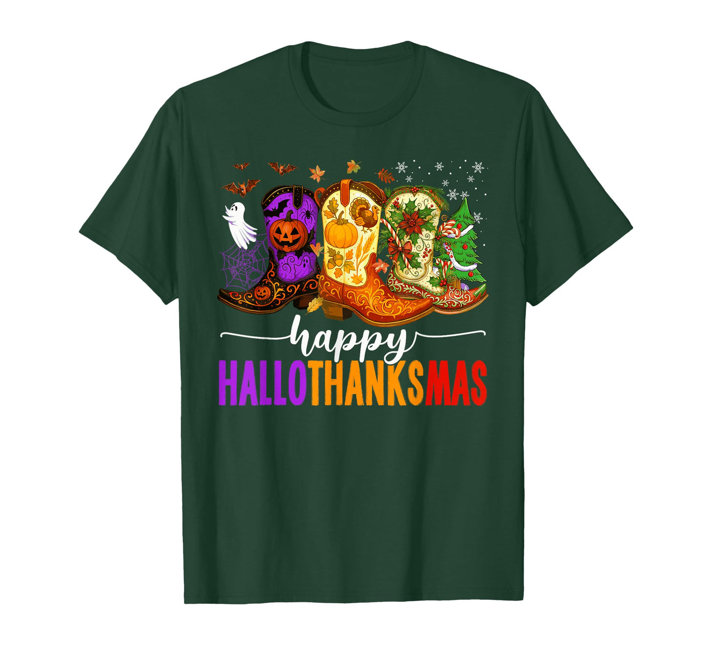 Happy Hallothanksmas Cowboy Boots Halloween Thanksgiving T-Shirt