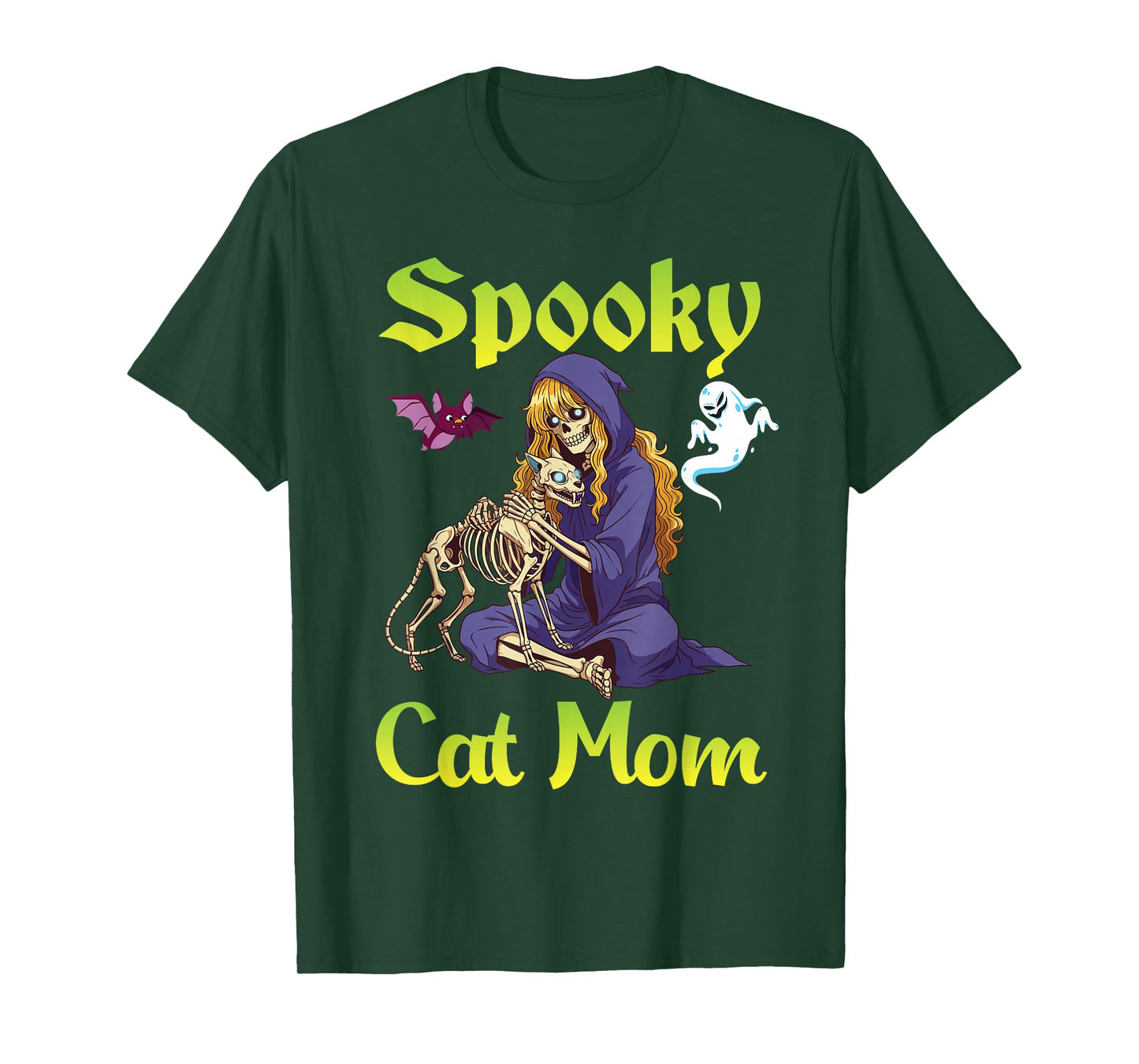 Spooky Cat Mom Halloween Skeleton Witch with Ghosts and Bat T-Shirt