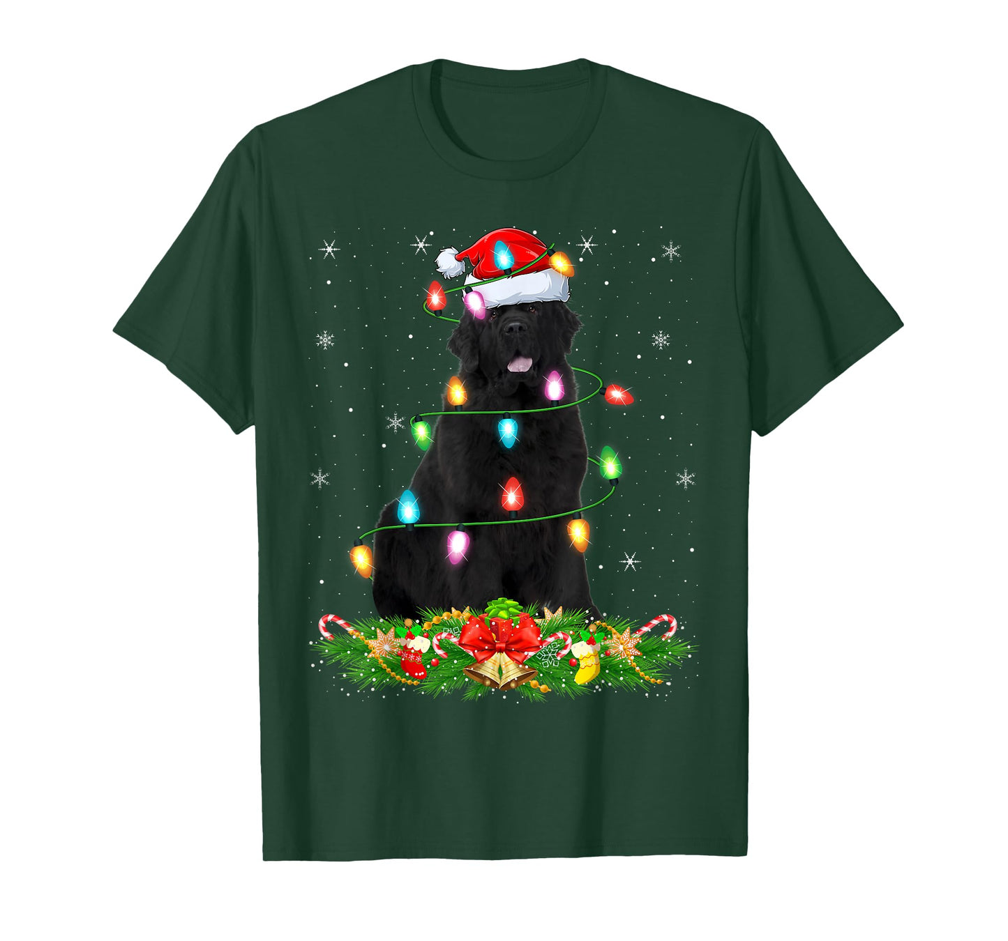 Newfoundland Dog Christmas Lights Funny Santa Hat Xmas T-Shirt