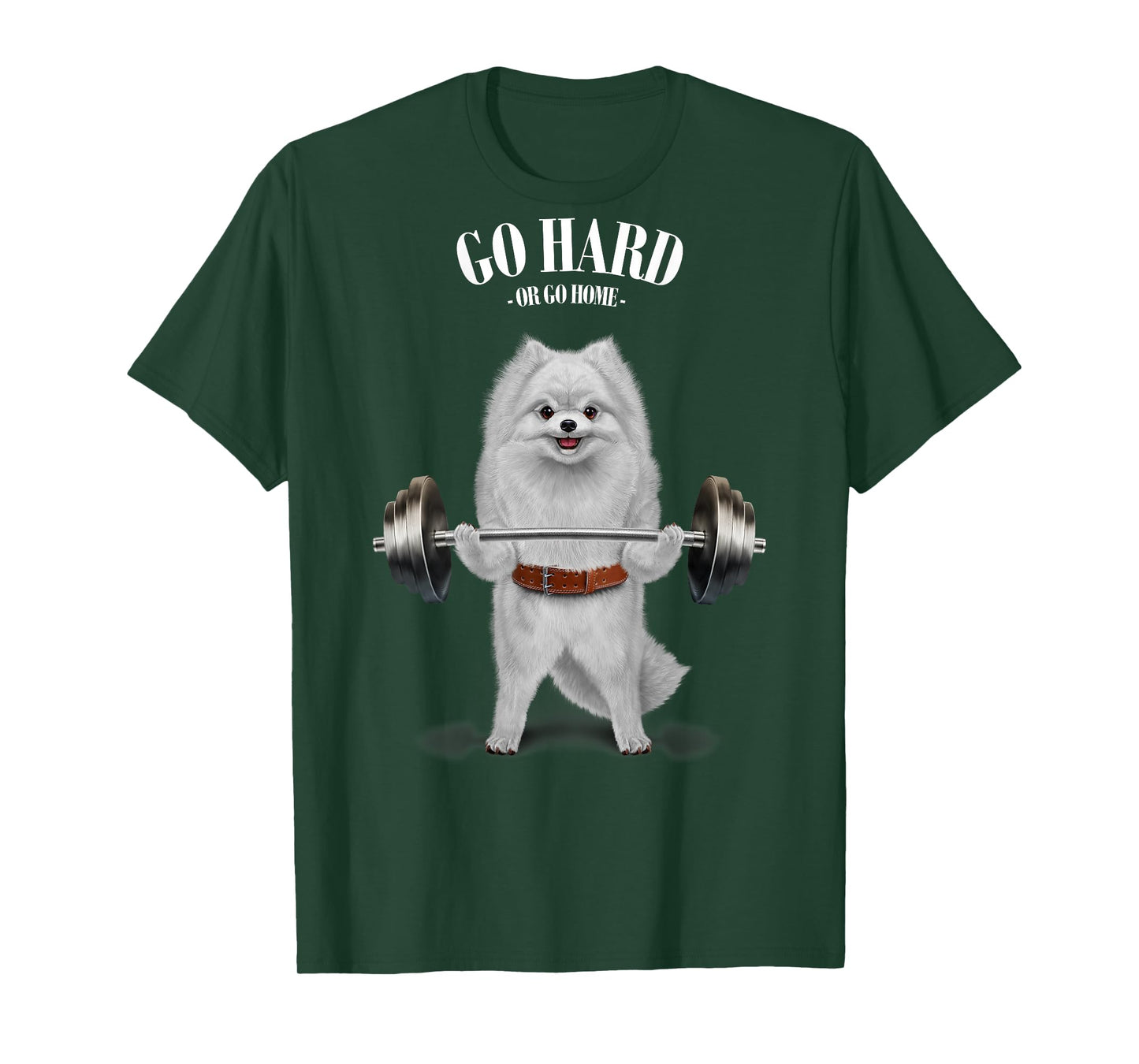 Fox Republic Design Unisex-Adults & Kids Black Cotton 100% Short Sleeve T-Shirt Small Classic Fit Crew Neck Modern Cartoon Dog T-Shirt White Pomeranian Dog Weightlifting in Fitness Gym T-Shirt
