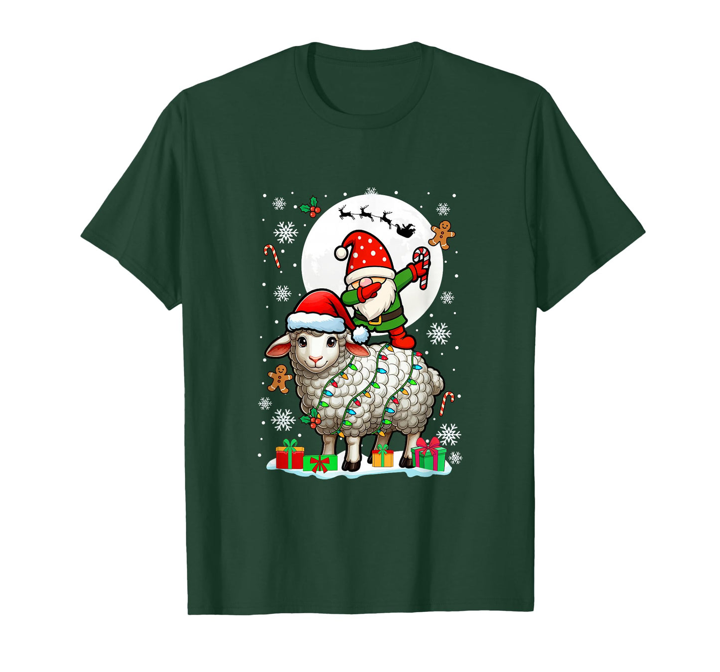 Dabbing Gnome On Sheep Christmas Santa Colorful Lights T-Shirt