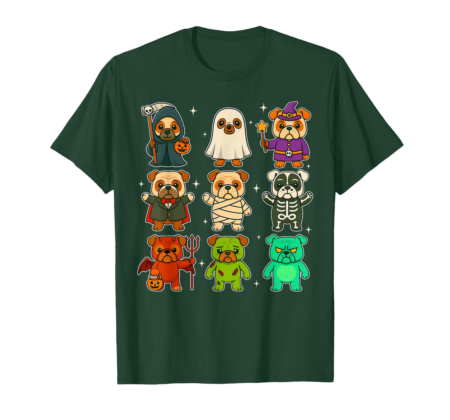 Cute Bulldog Dogs Witch Pumpkin Skeleton Costume Halloween T-Shirt
