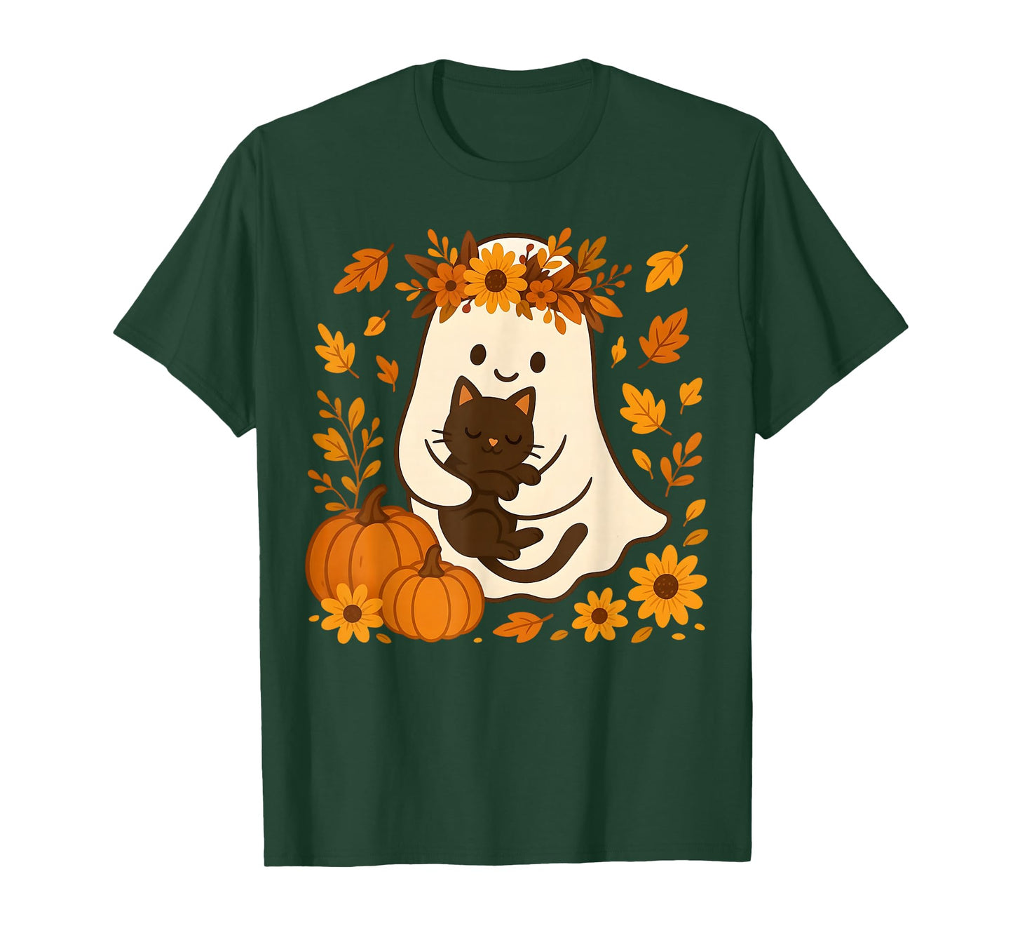 Vintage Halloween Ghost Holding Black Cat Groovy Floral T-Shirt
