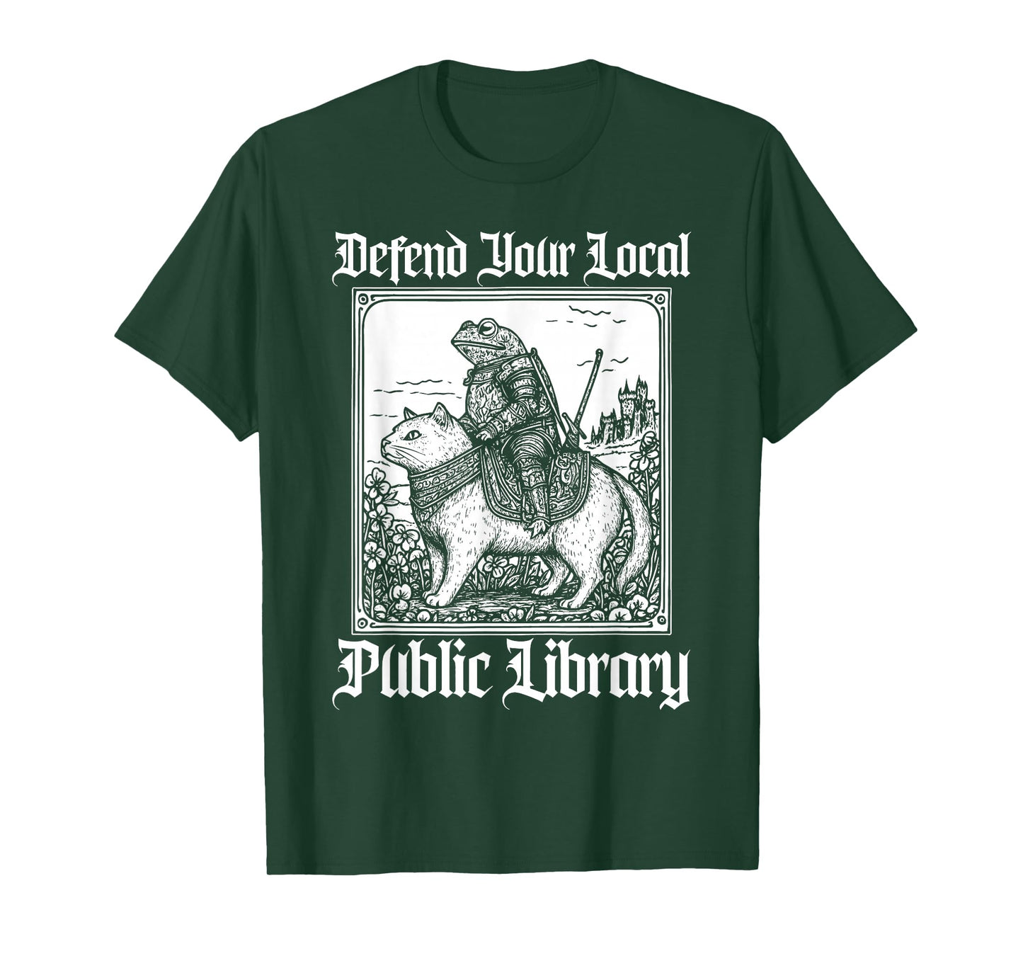 Defend Your Local Public Library Funny Knight Riding Cat T-Shirt