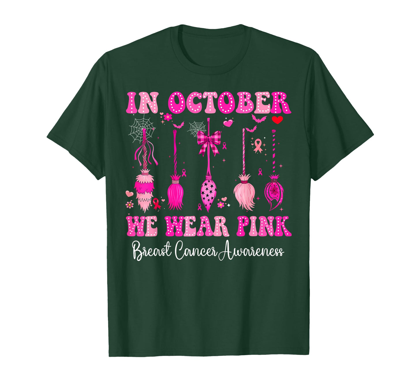 in October We Wear Pink Witch Broom Breast Cancer Halloween T-Shirt