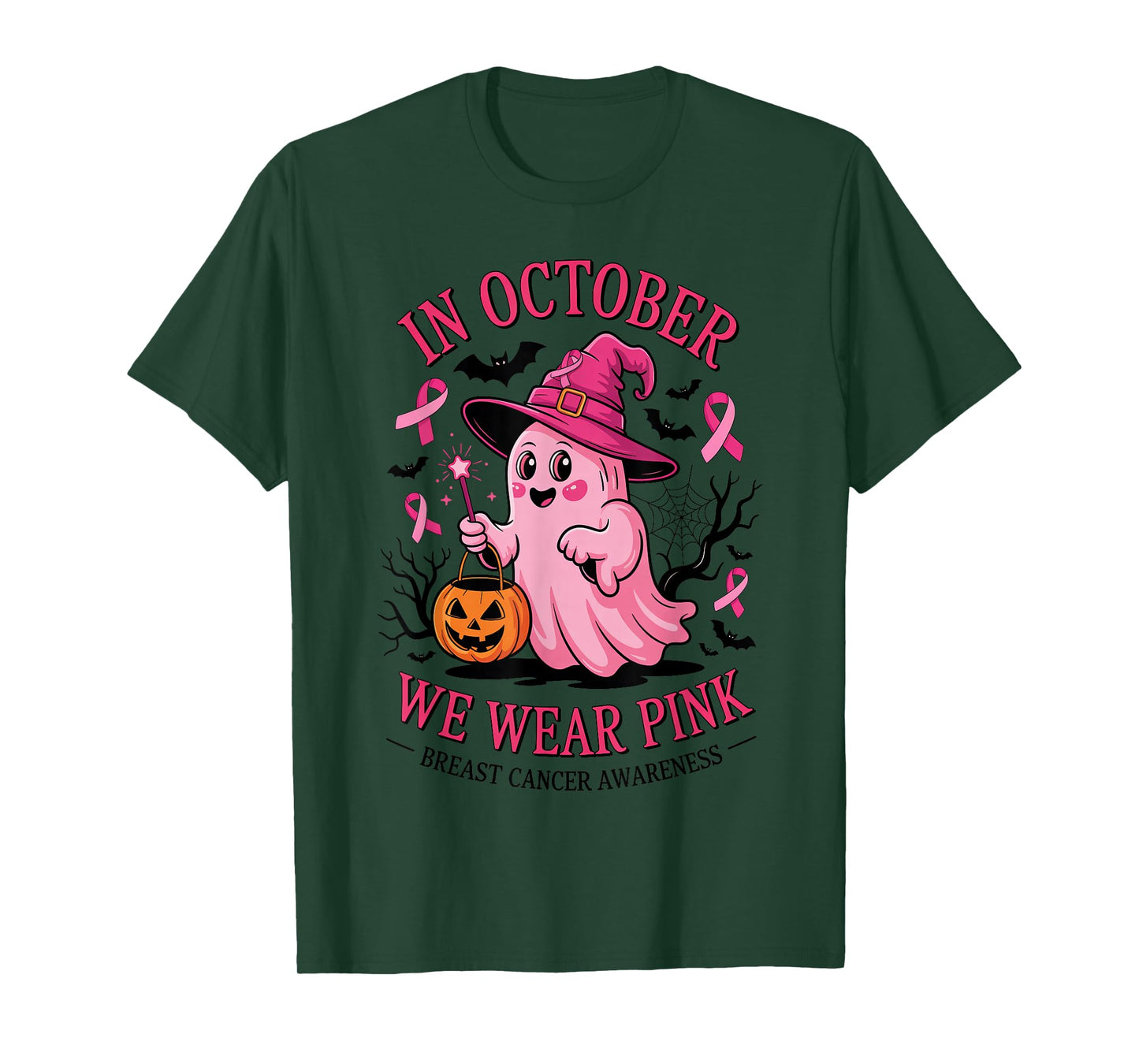 Ghost Witch in October We Wear Pink Breast Cancer Awareness T-Shirt