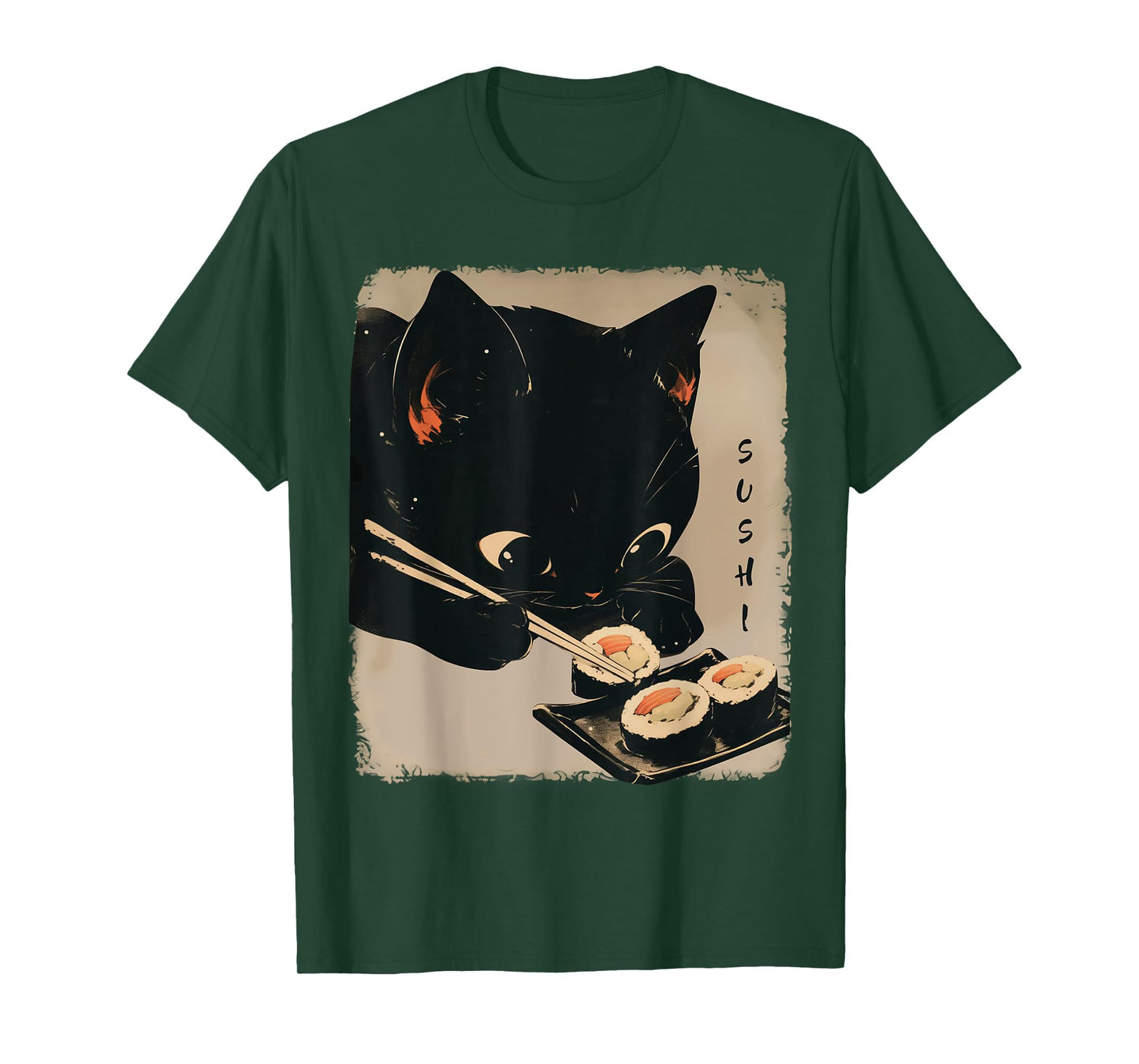 Kawaii Cat Eating Sushi Funny Japanese Anime Cute Cat Girls T-Shirt