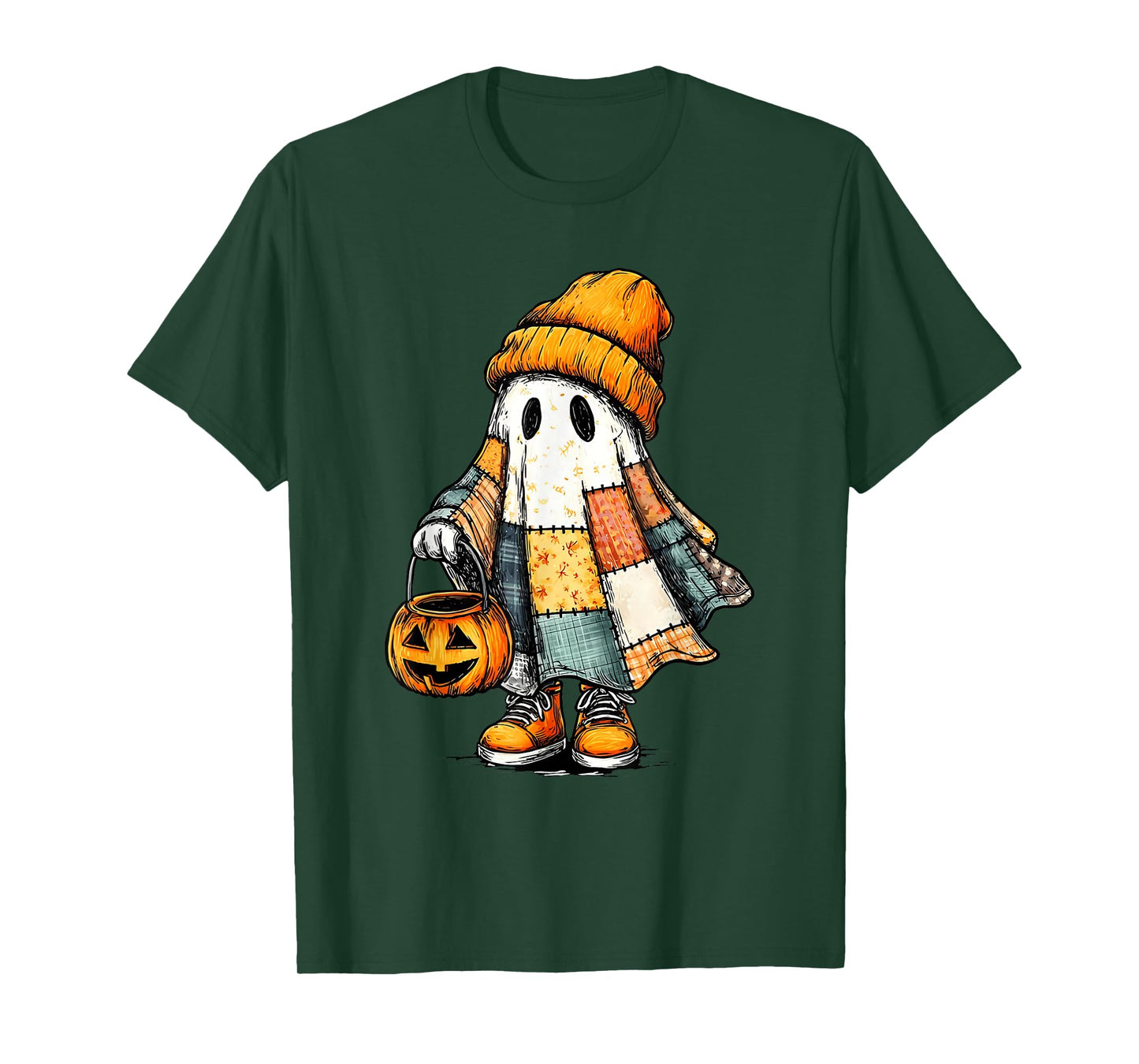 Retro Halloween Ghost Patchwork Spooky Ghost Fall Aesthetic T-Shirt