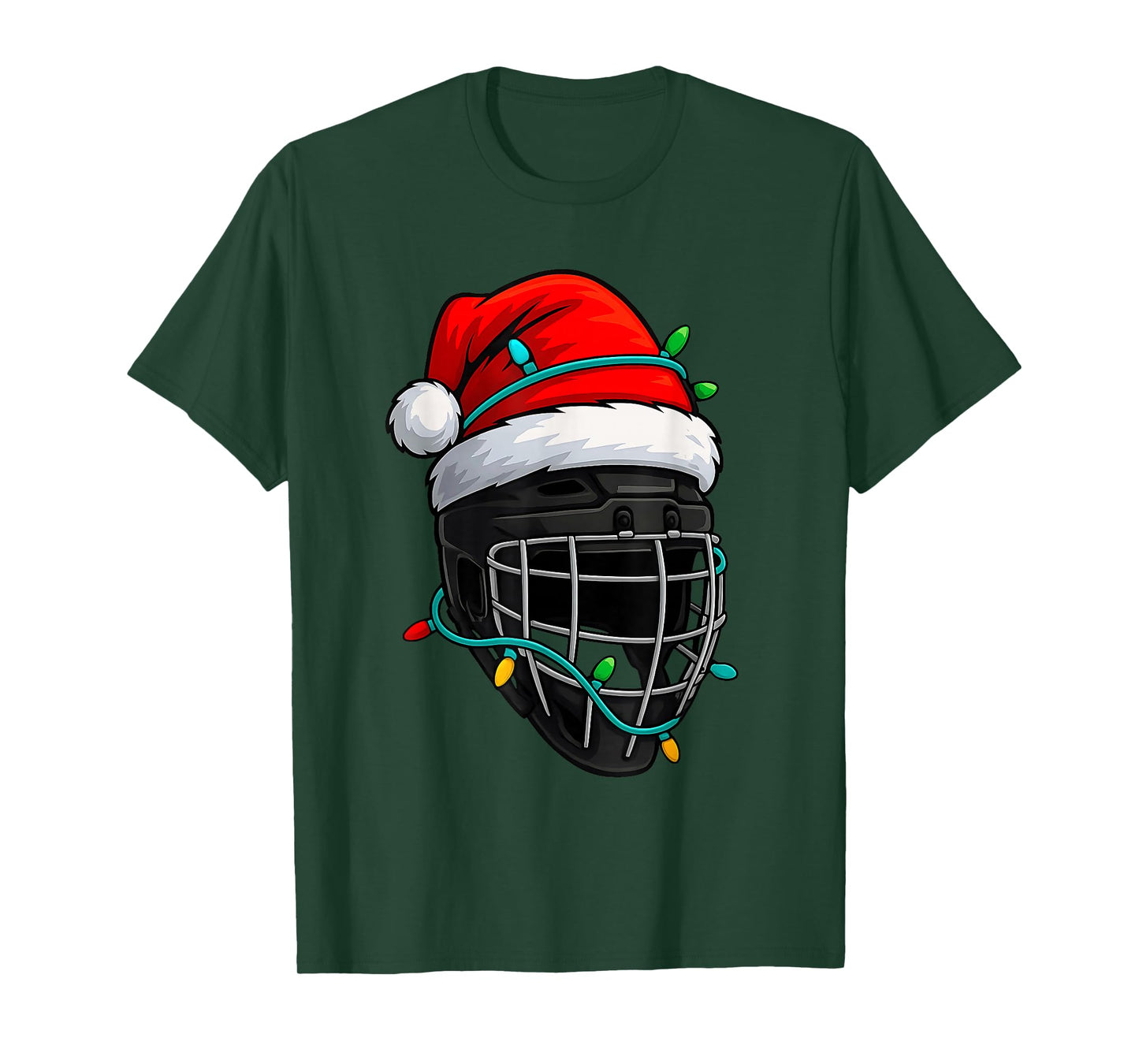 Hockey Christmas Santa Hat Lights Colorful Funny Player T-Shirt