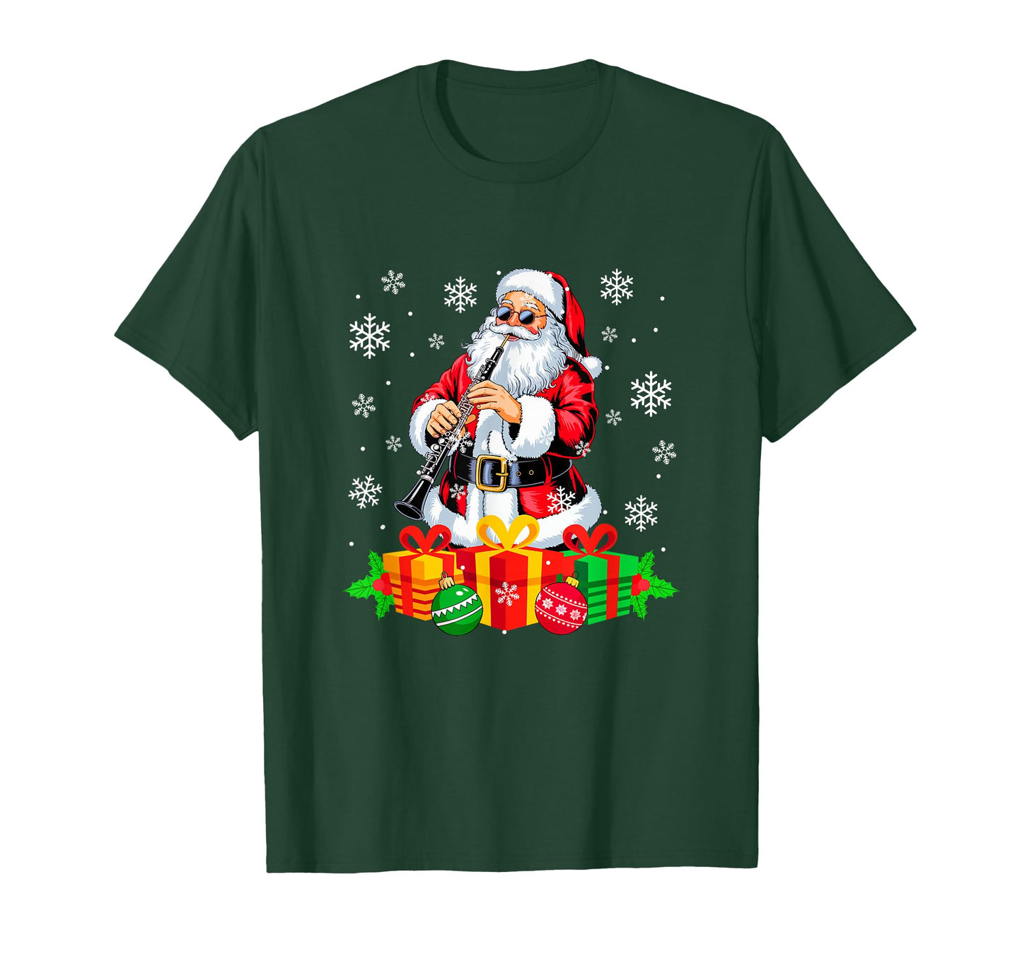Santa Playing Oboe Instrument Colorful Christmas Boxes T-Shirt