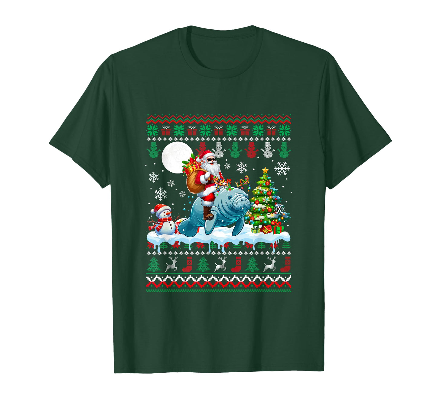 Santa Riding Reindeer Manatee Sweater Xmas Tree Snowman T-Shirt